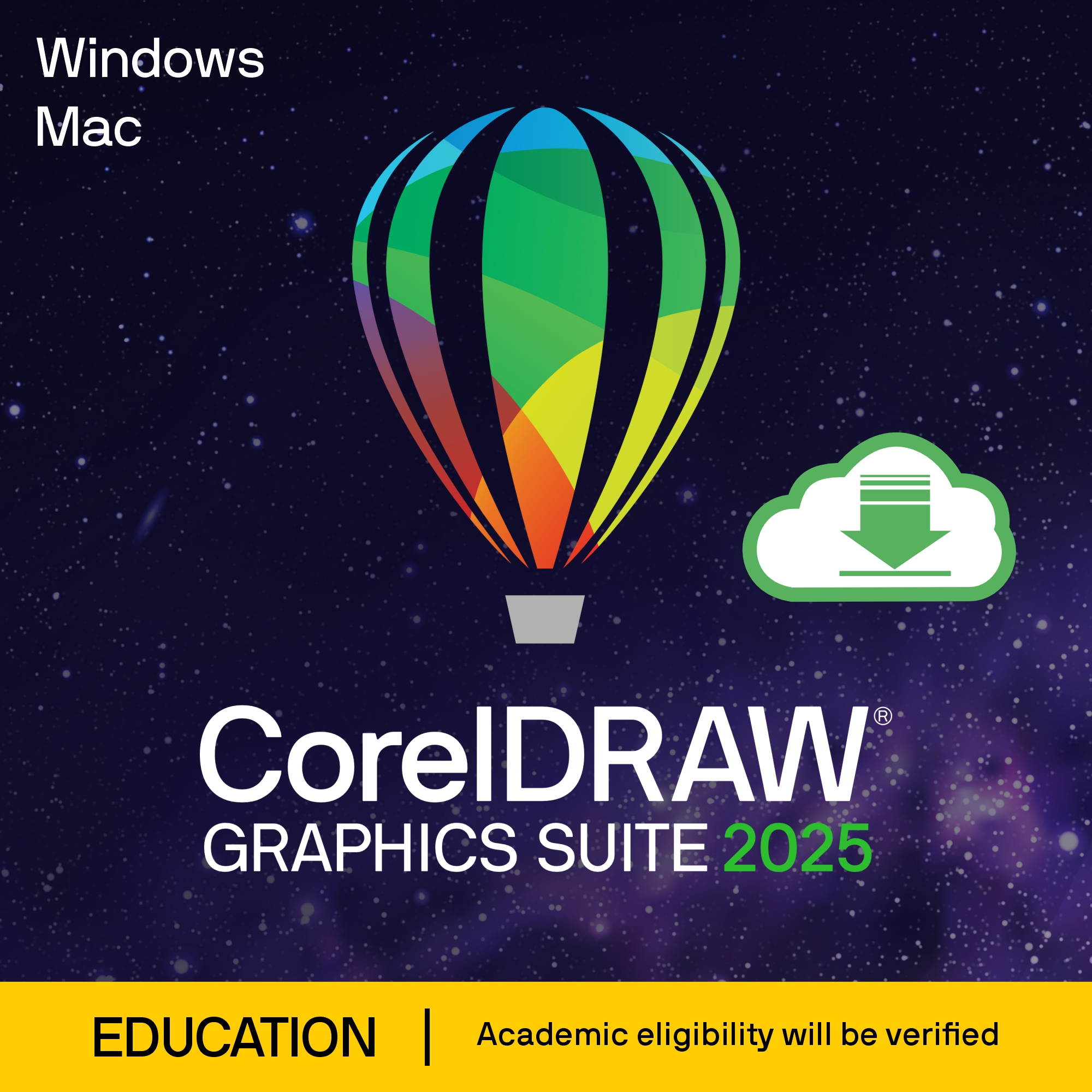 Annuncio di CorelDRAW Graphics Suite 2025 con mongolfiera e sfondo stellato.