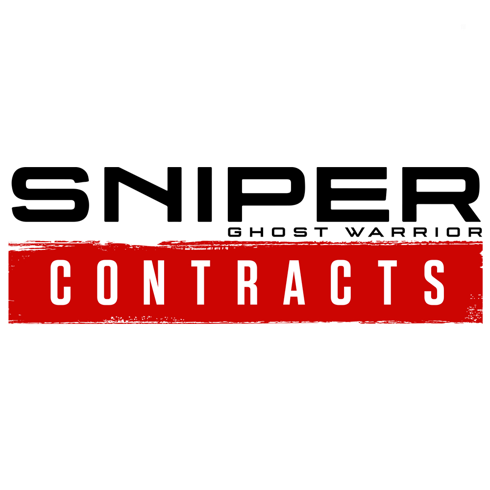 Logo Sniper Ghost Warrior Contracts z białym tekstem na czerwonym pasku.