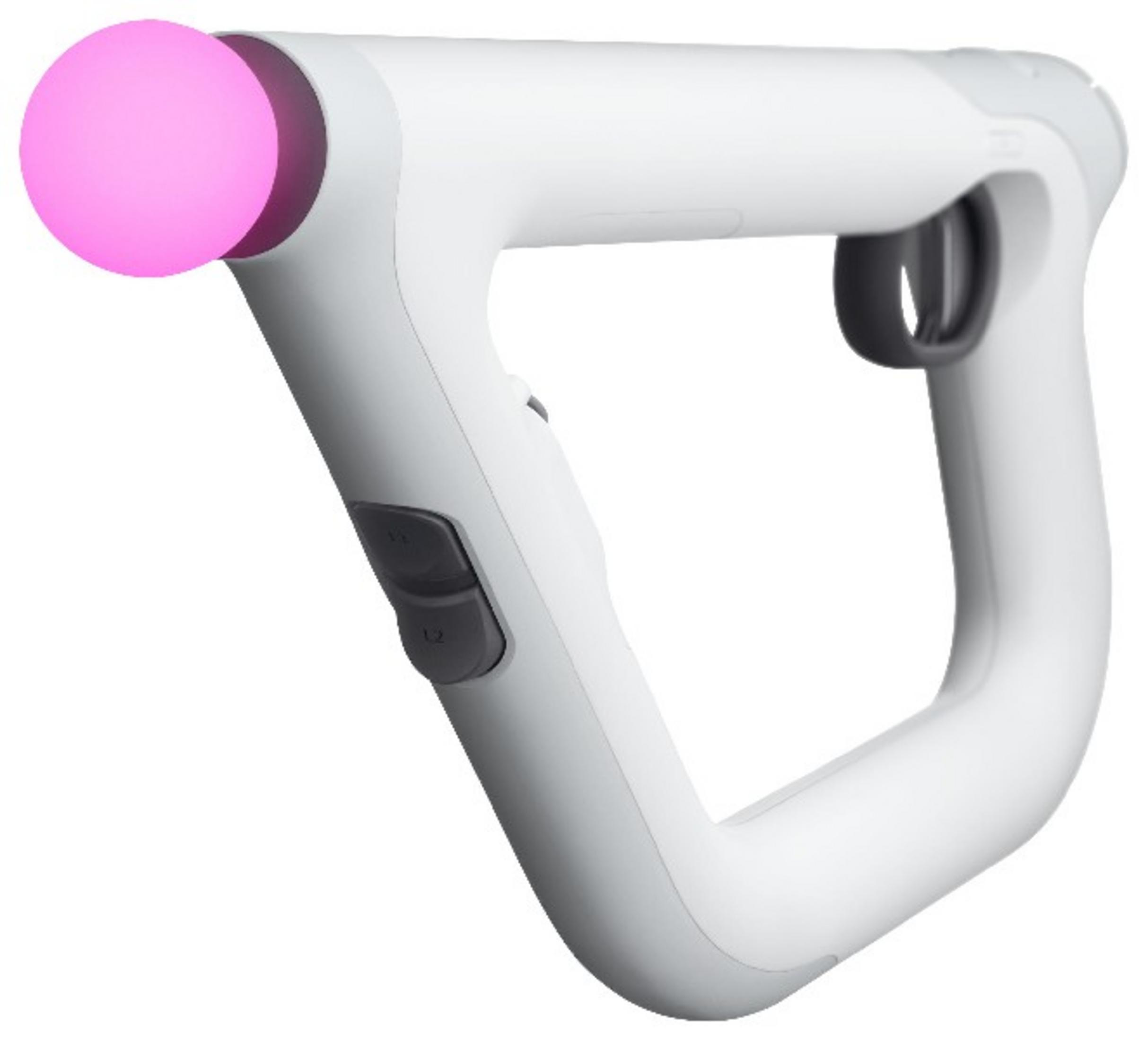 Weißer PS4 Aim Controller. Hat eine rosa Kugel am Ende des Laufs.