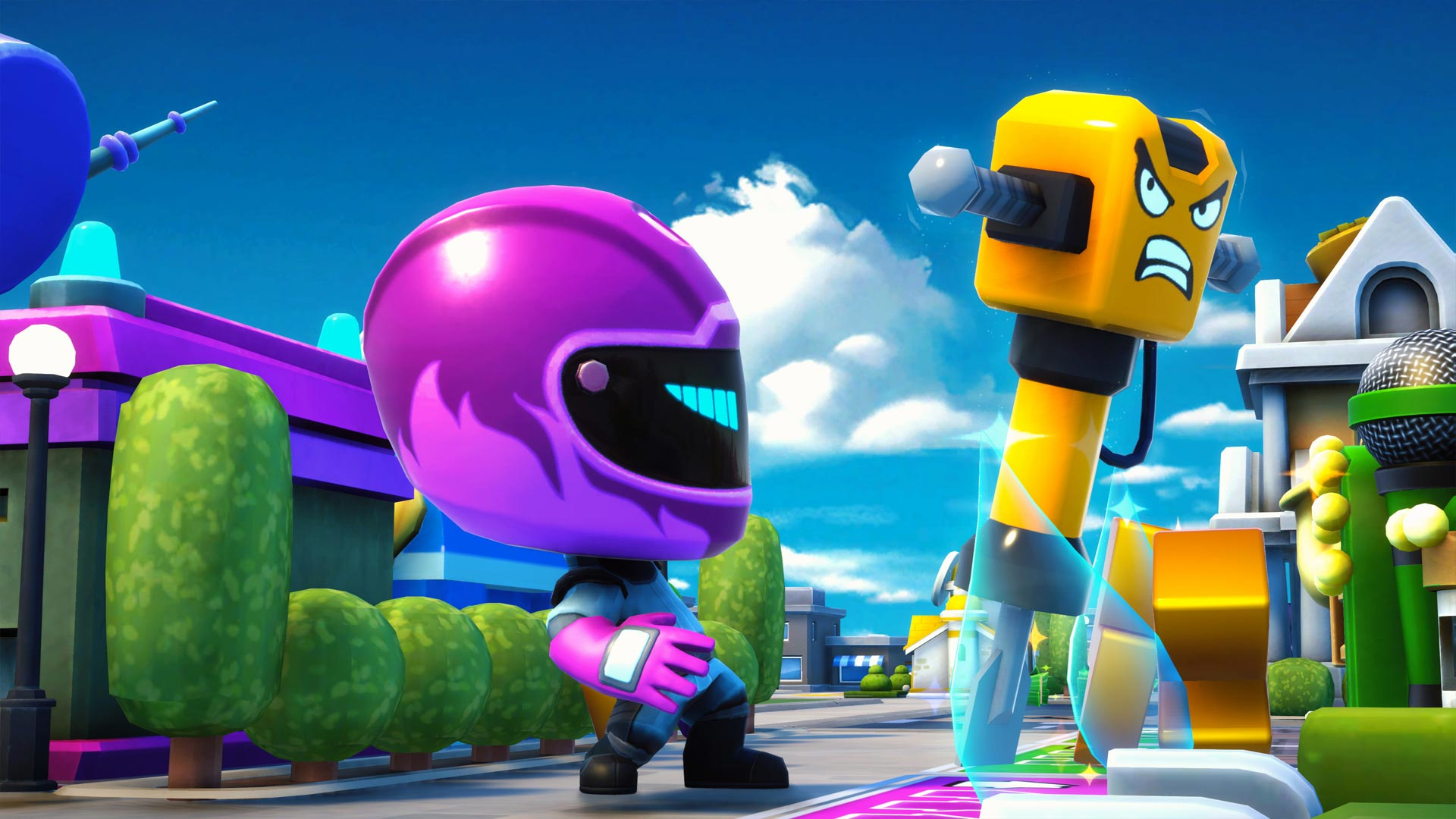 Scena z kreskówki: postać w fioletowym kasku naprzeciw robotnika budowlanego. Budynki i niebo w tle.