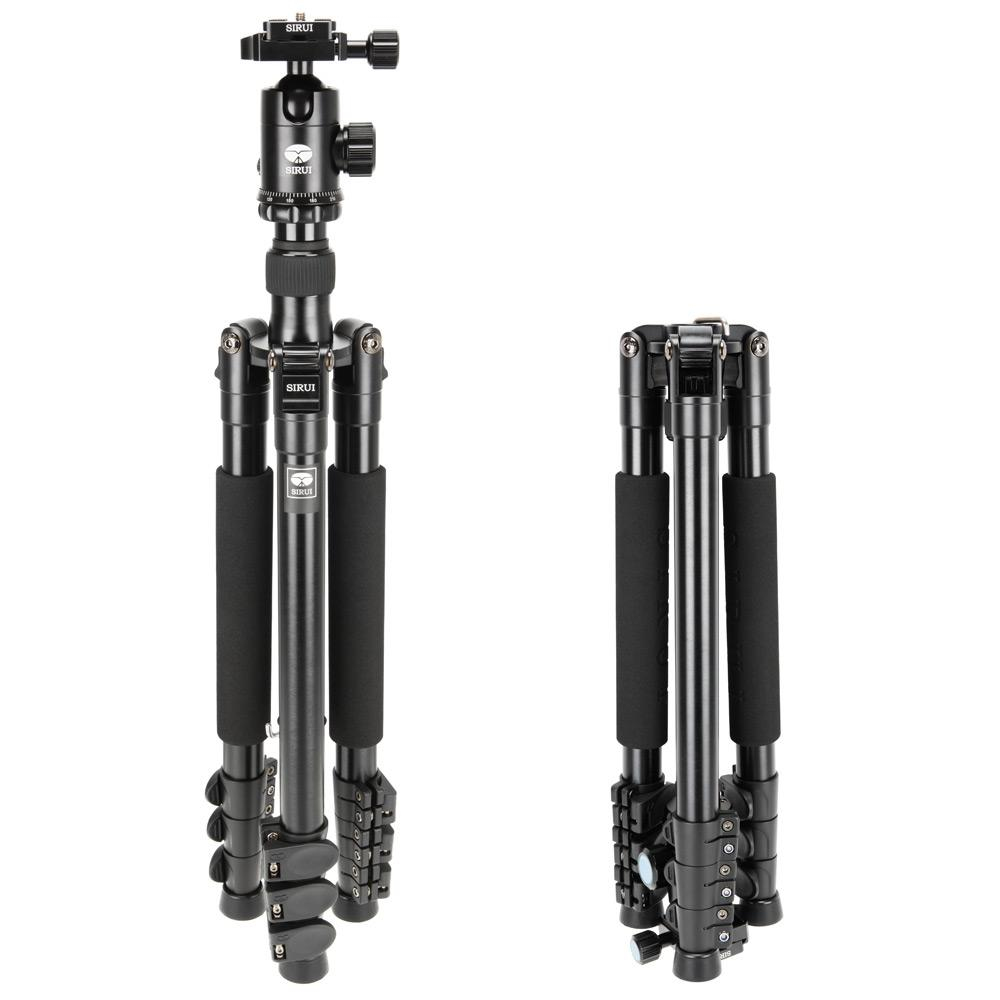 Black tripod, extended and folded. Features black grips and the word SIRUI on it.