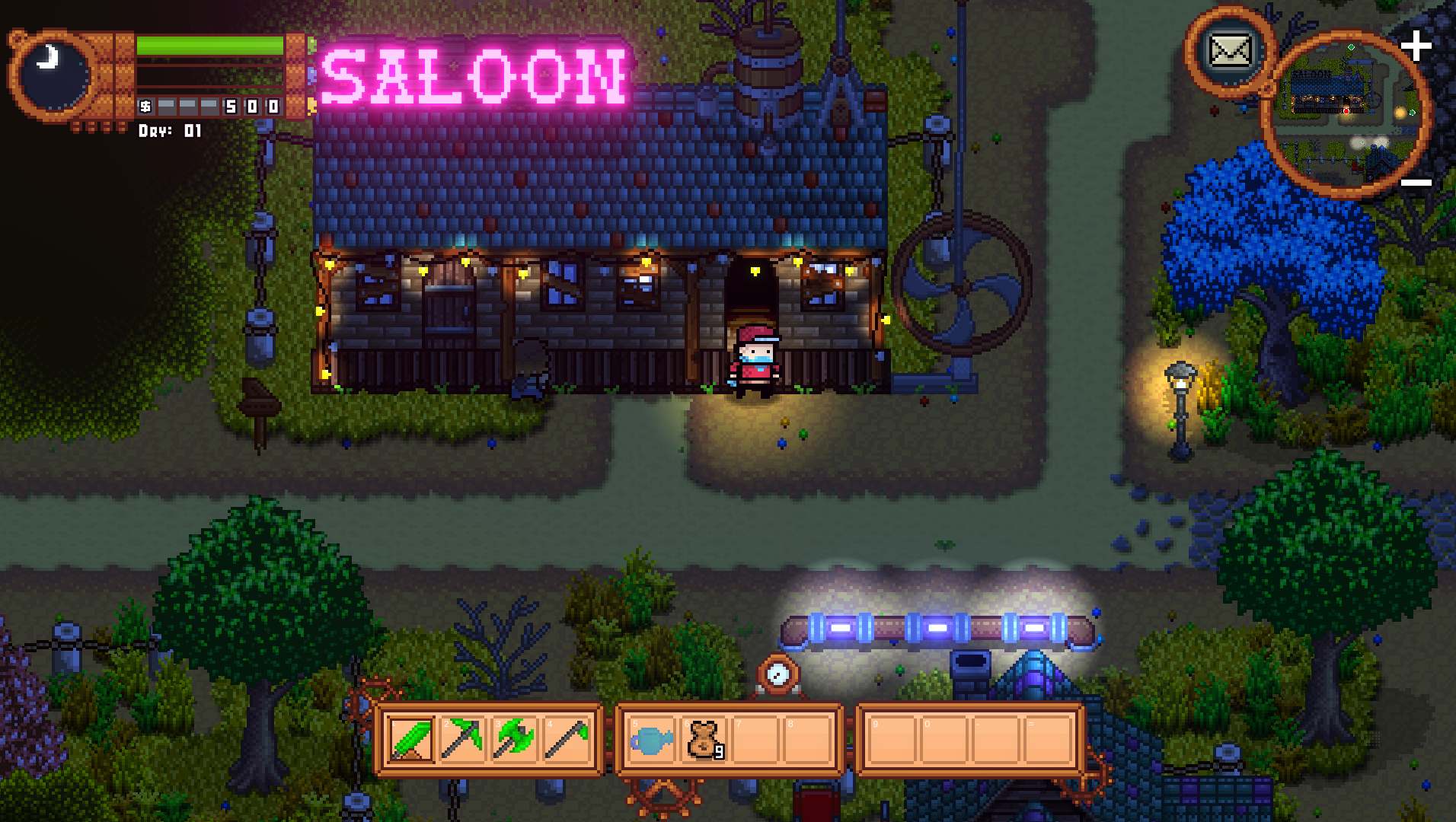 Scena pixel art z saloonem w nocy. Neonowy szyld, postać na zewnątrz, drzewa, narzędzia.