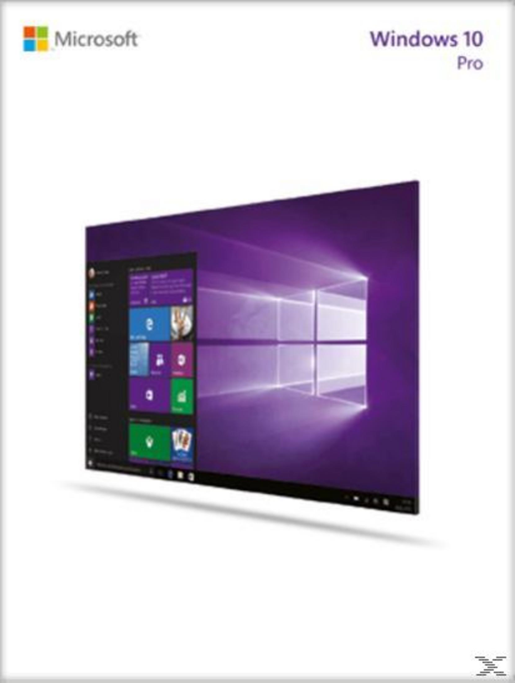 Box art di Windows 10 Pro. Uno schermo viola scuro con il logo di Windows. Colori bianco e blu.