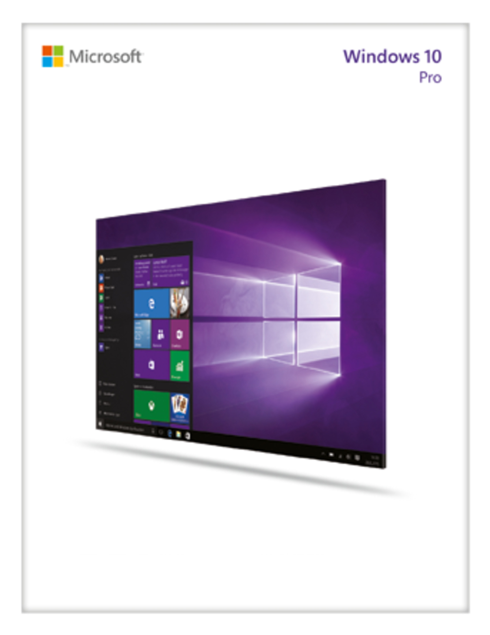 Scatola di Windows 10 Pro. Scatola bianca con il logo di Windows 10 Pro e l'immagine di uno schermo di computer.