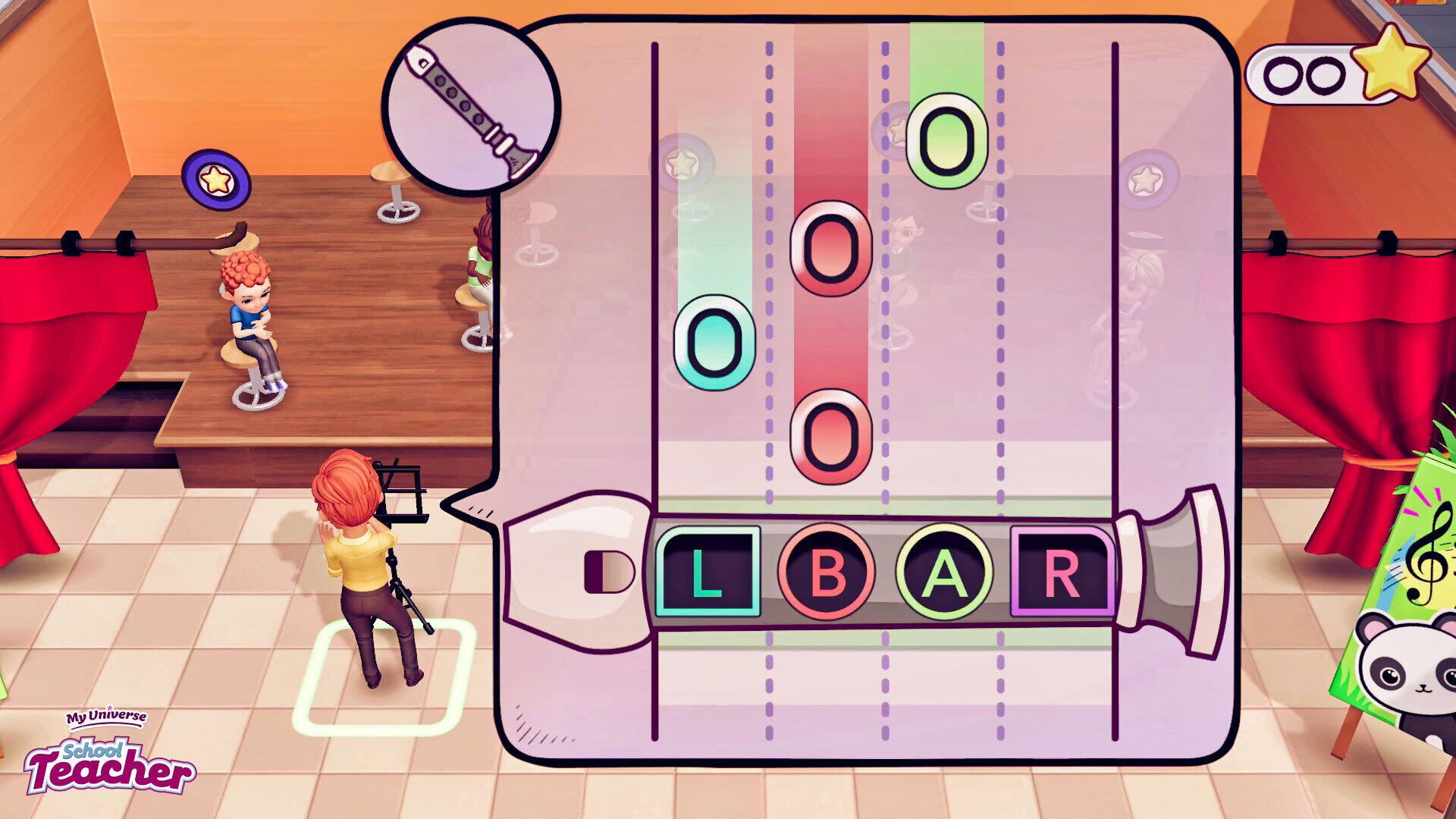 Scena z gry: lekcja muzyki. Nauczyciel i uczniowie obecni, z nutami.