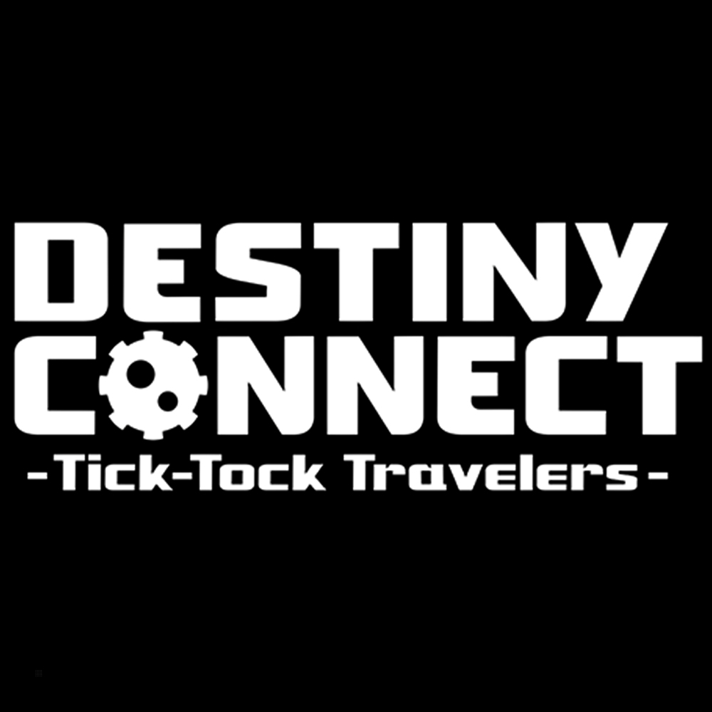 Logo Destiny Connect - Tick-Tock Travelers na czarnym tle. Biały tekst i ikona.