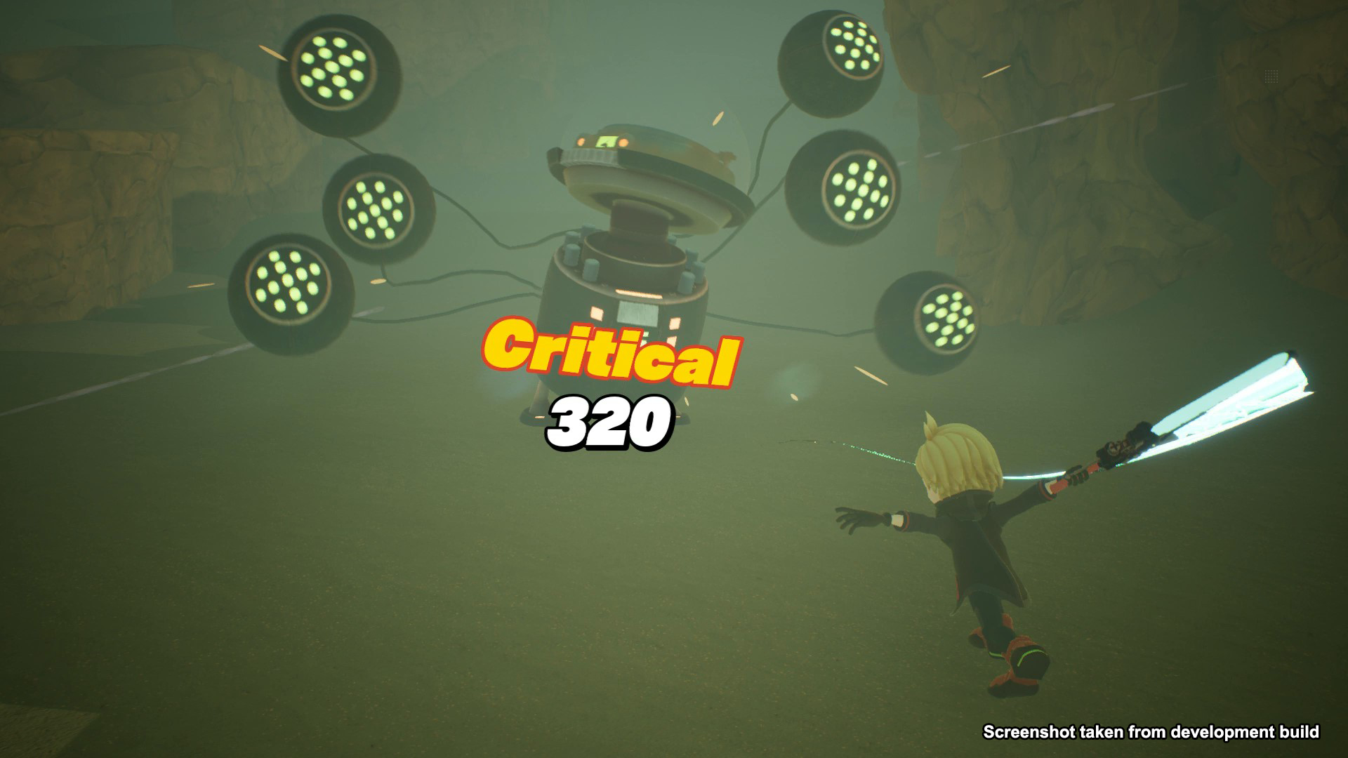 Scena z gry wideo z postacią walczącą z unoszącym się wrogiem. Wyświetlane jest słowo Krytyczny.