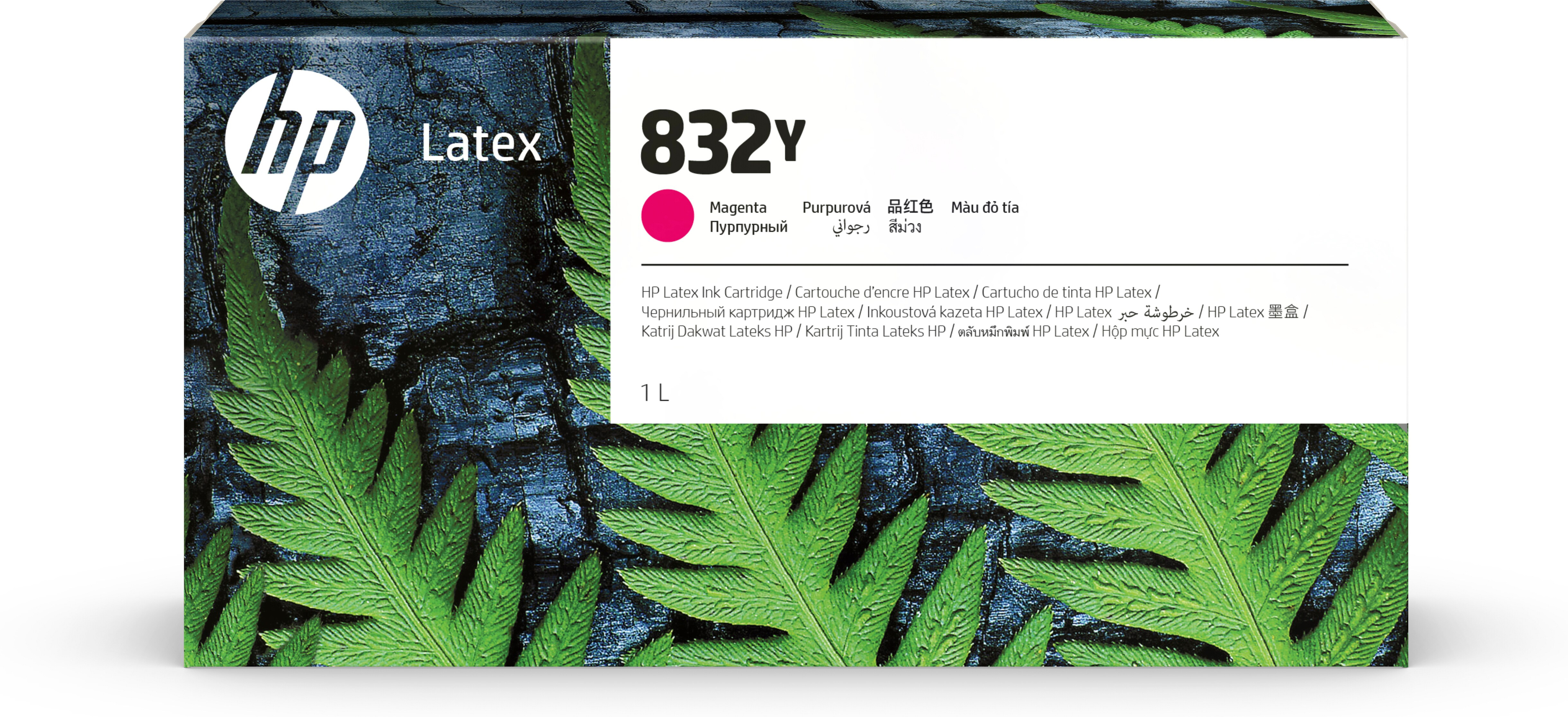 Scatola cartuccia inchiostro HP Latex. Colore magenta, testo multilingue e immagini di foglie.