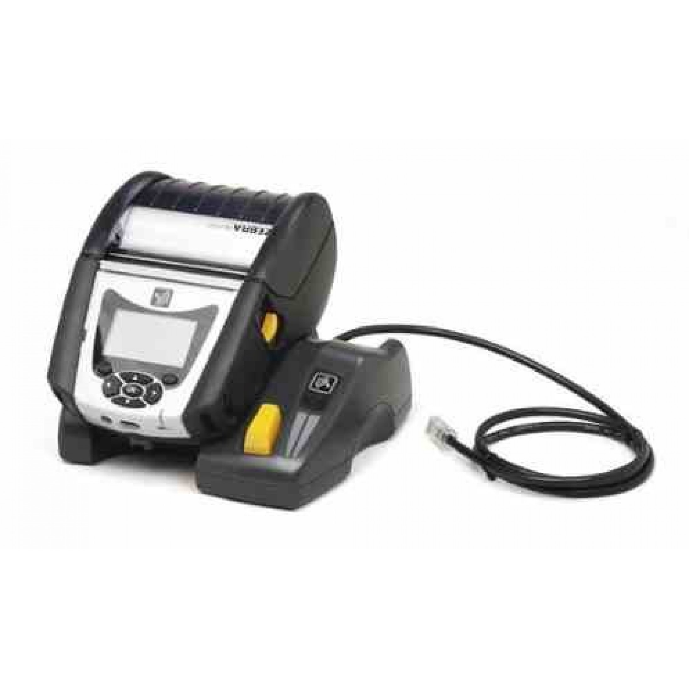 Drukarka termiczna Zebra i oddzielna jednostka sterująca. Czarna i szara, na białej powierzchni.