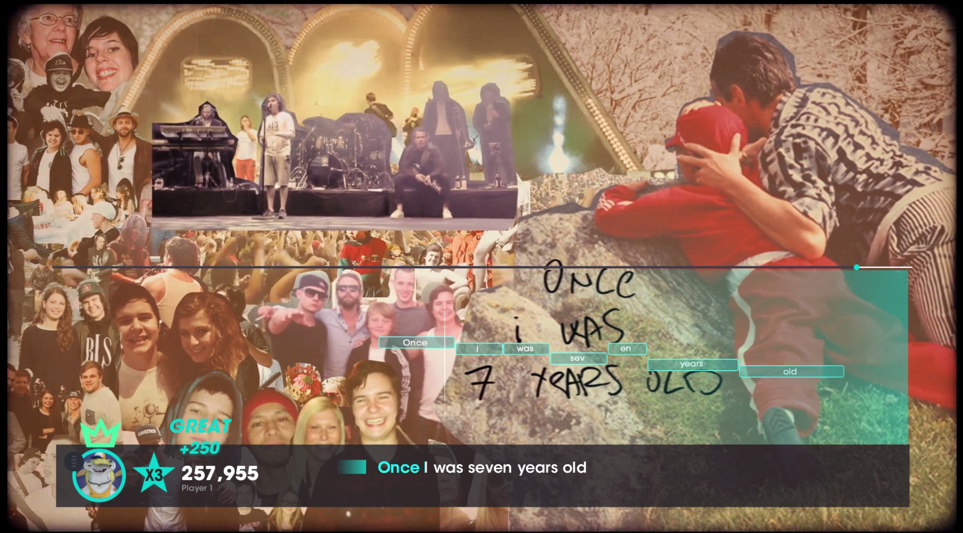 Ekran wyświetla fotomontaż z interfejsem gry. Tekst na dole brzmi: Once I was 7.