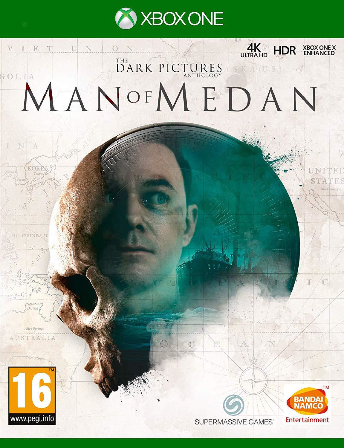 Okładka gry Man of Medan. Czaszka, statek i twarz mężczyzny na tle mapy. Xbox One.