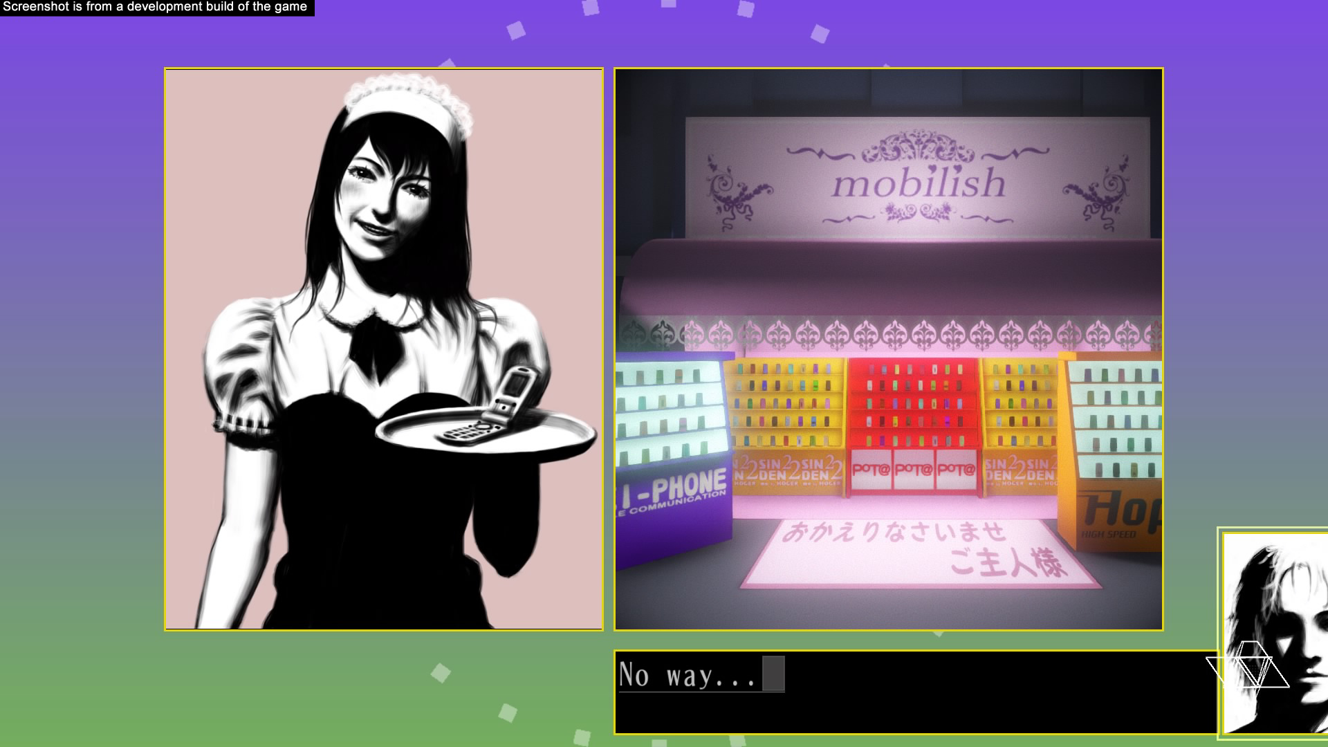 Pokojówka trzyma telefon na tacy. Tło: sklep z telefonami i tekstem 'mobilish'.