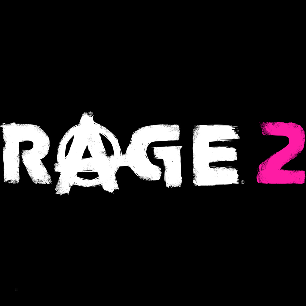 Logo 'Rage 2' z białą czcionką na czarnym tle i różowym '2'.