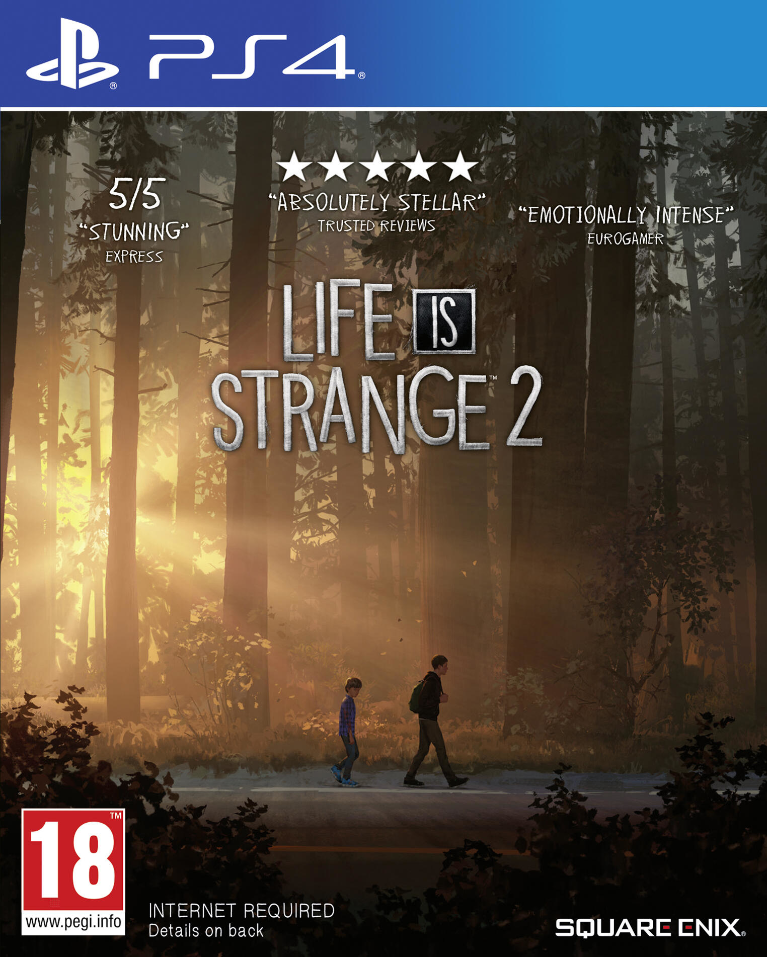 Okładka gry Life is Strange 2. Przedstawia dwie postacie idące przez las.