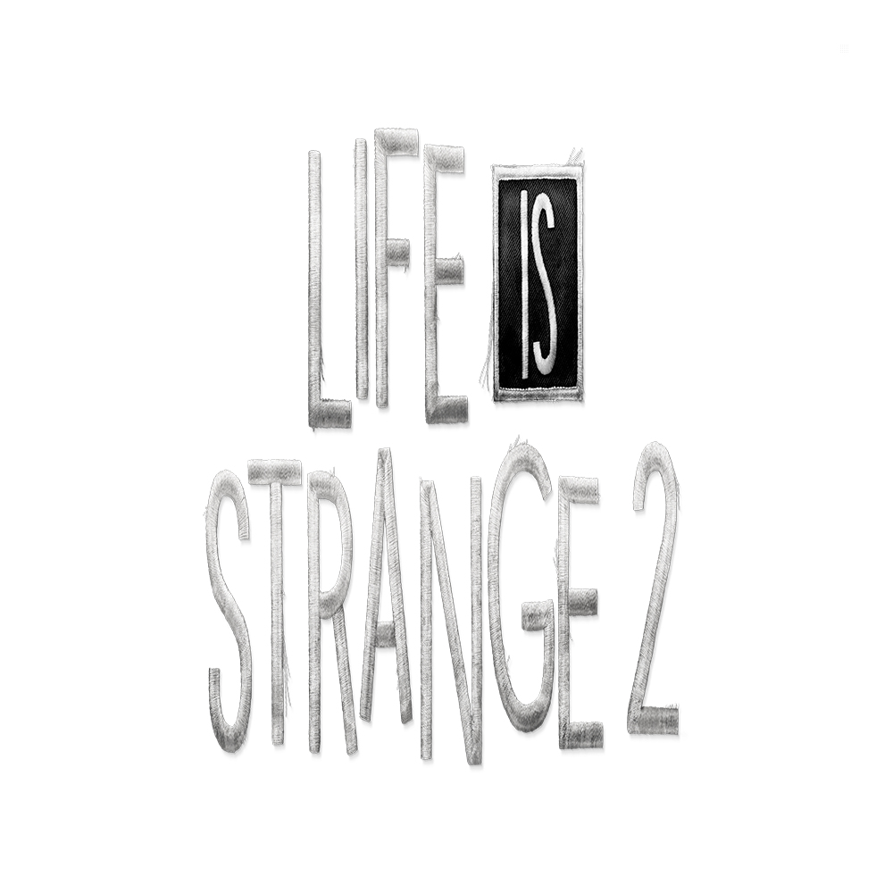 Grafika tytułowa 'Life is Strange 2' w szarości i bieli, ze słowami w stylizowanej czcionce.