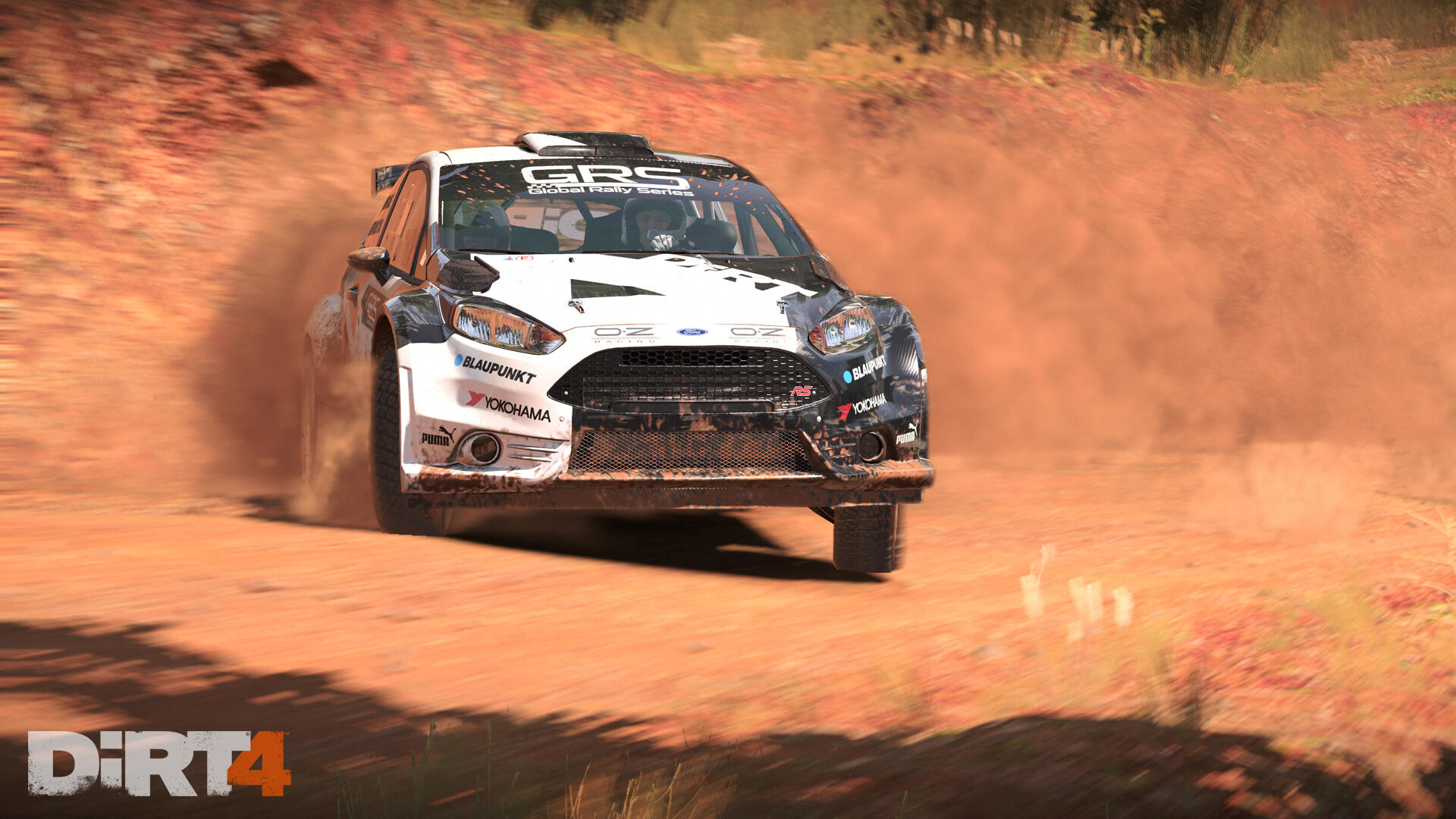 Un'auto da rally corre su una pista sterrata, sollevando polvere. L'auto è bianca e nera, lo sfondo è sfocato.