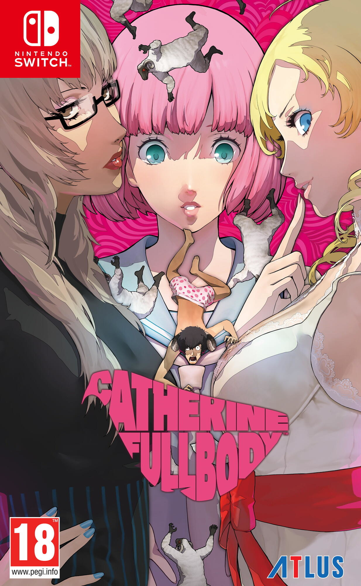 Copertina del gioco Catherine Full Body. Tre donne e pecore su sfondo rosa. Il logo del gioco è prominente.