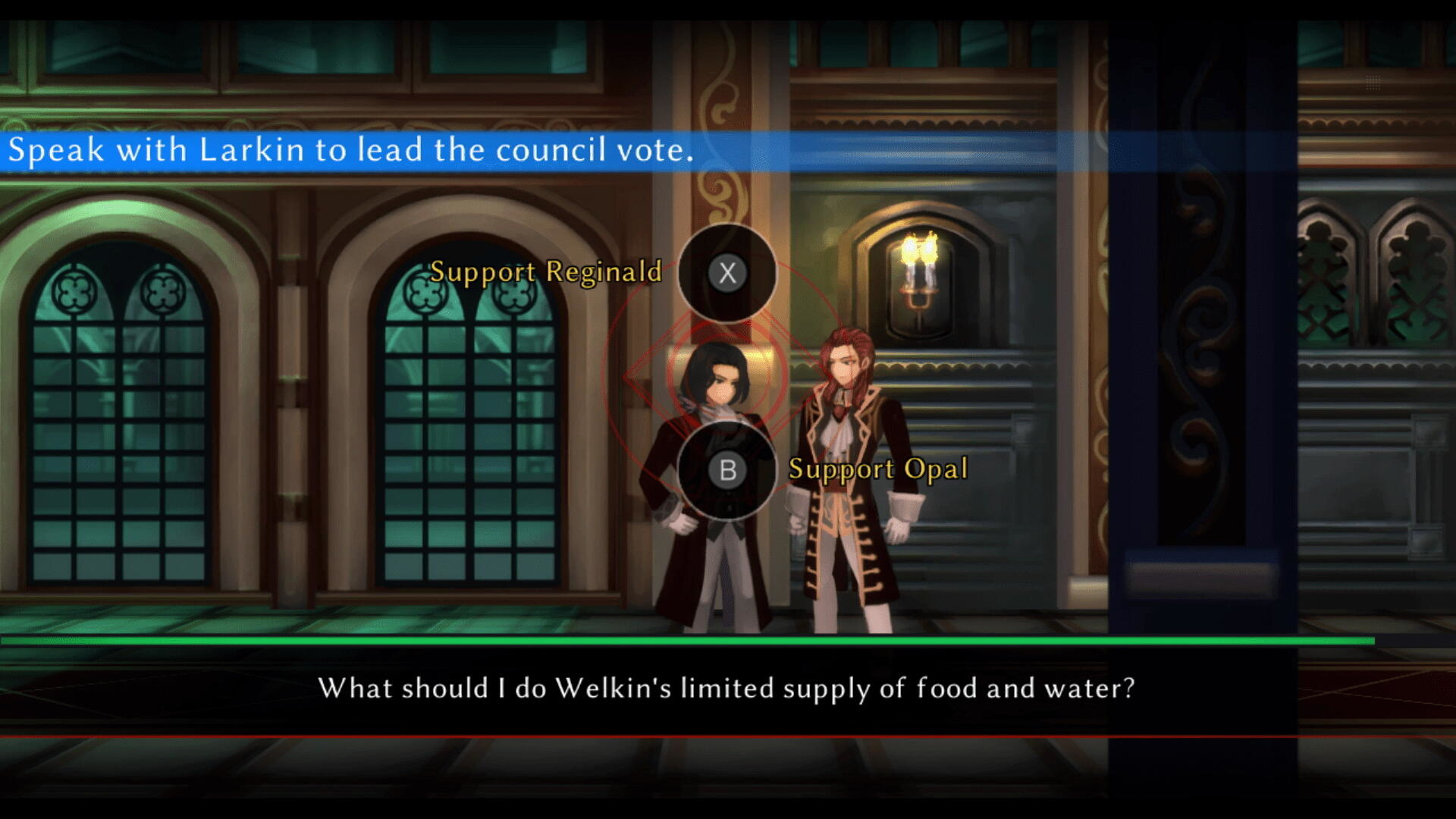 Interfejs gry pokazuje dwie postacie i prosi o podjęcie decyzji. Scena to bogato zdobione wnętrze.