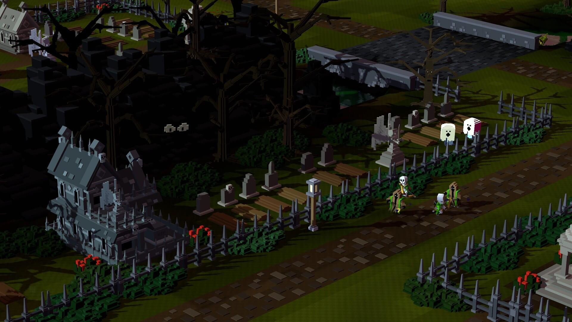 Scena del cimitero a basso poligono. Fantasmi, zombi e una casa. Atmosfera cupa, dettagliata e spettrale.