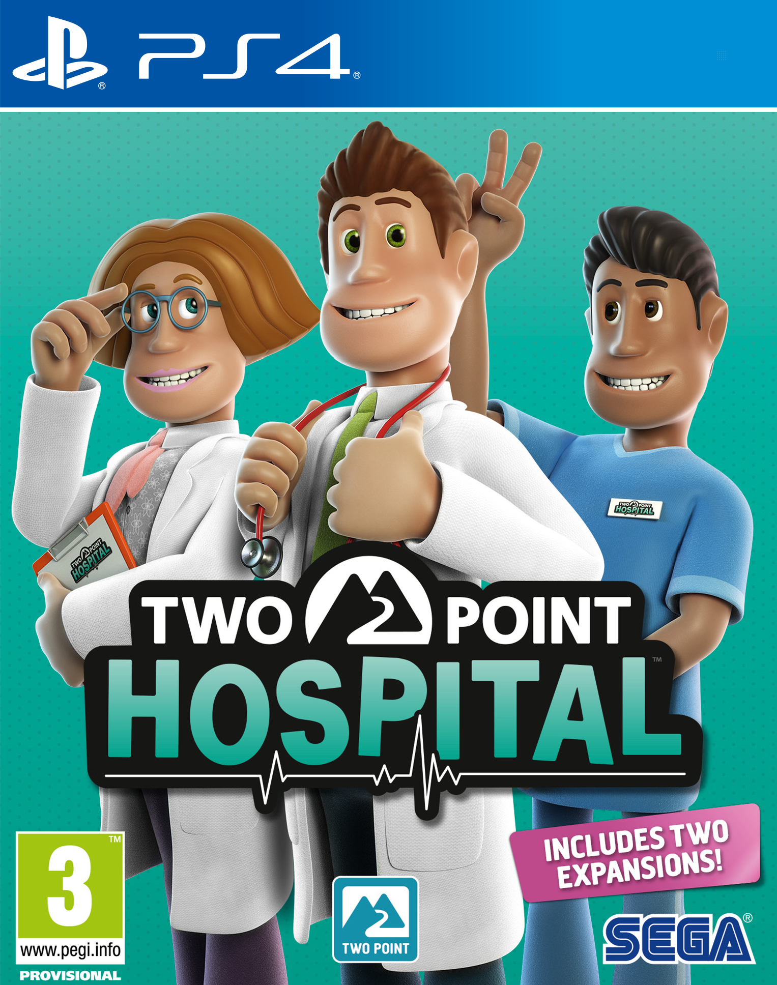 Okładka gry Two Point Hospital. Trzech kreskówkowych lekarzy i tekst tytułowy na turkusowym tle.