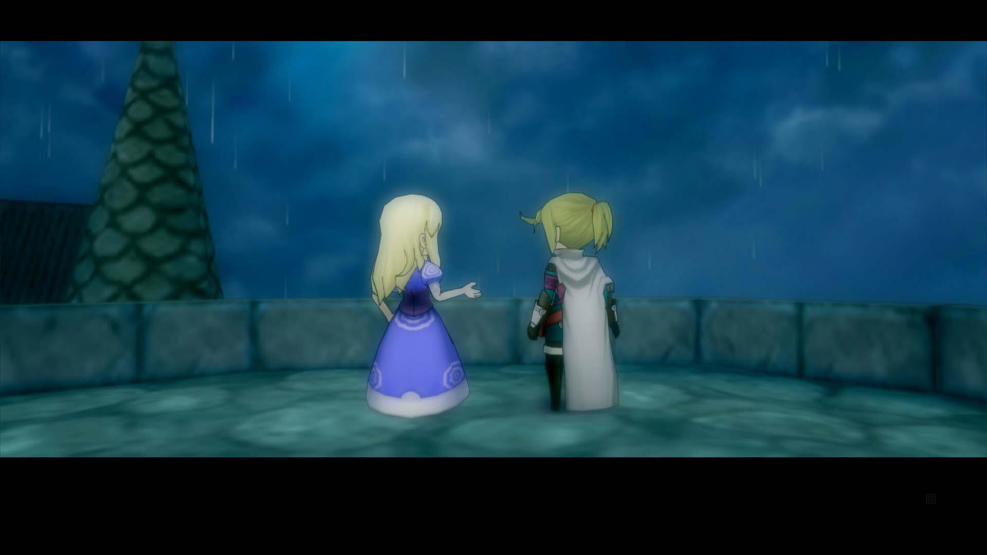 Dwie postacie w stylu anime stoją na dachu w deszczu.