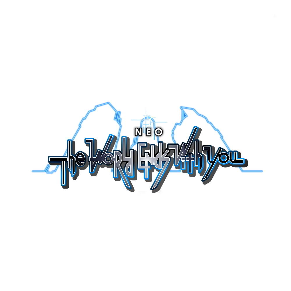 Logo The World Ends With You w kolorze niebieskim, czarnym i białym na białym tle.