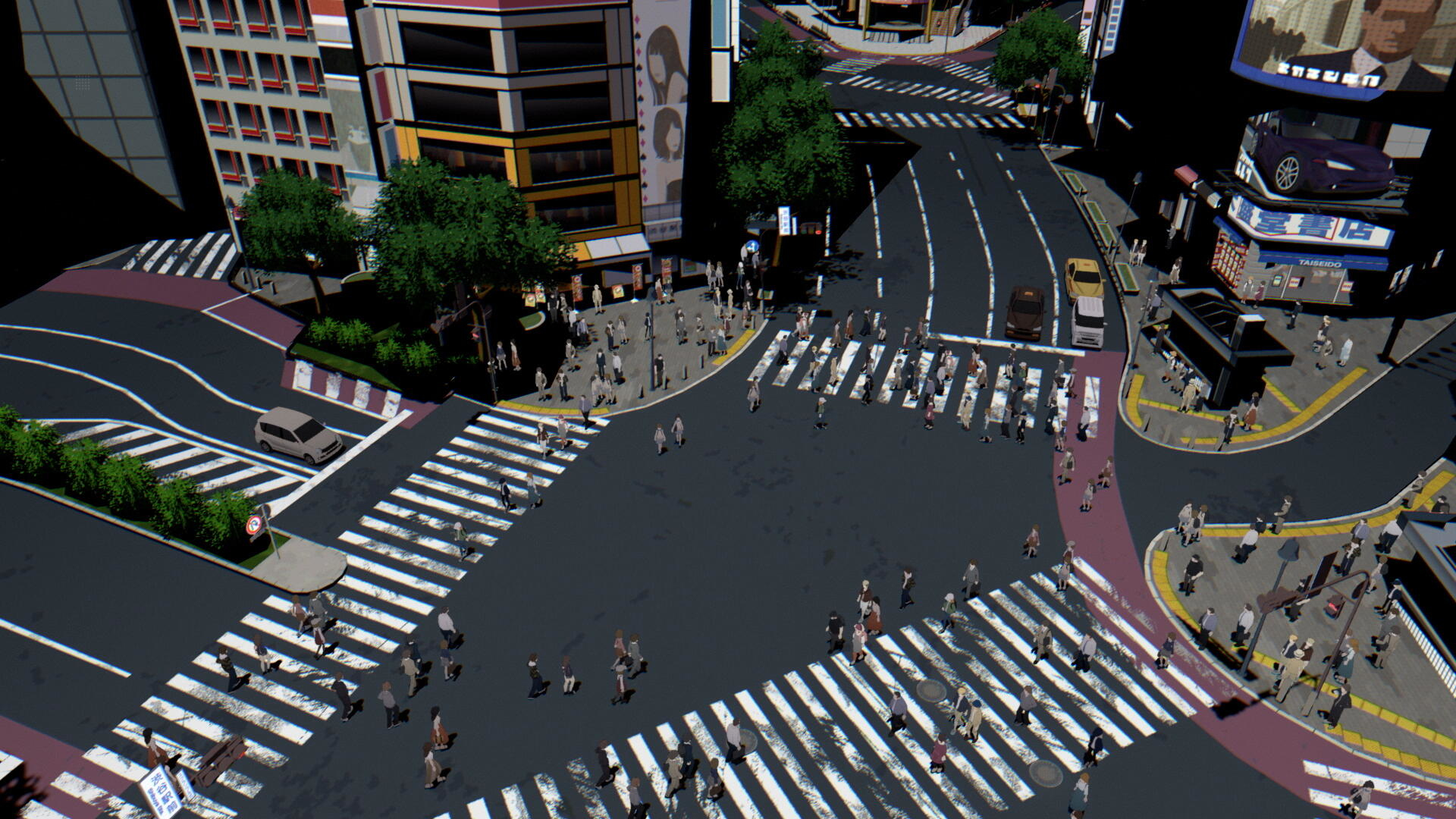 Widok z góry na skrzyżowanie miejskie z przejściami dla pieszych, samochodami i pieszymi. Widoczne budynki i drzewa.