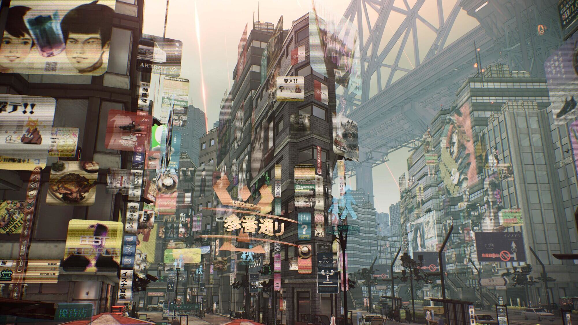 Pejzaż miejski z neonami i budynkami. Most widoczny w tle.