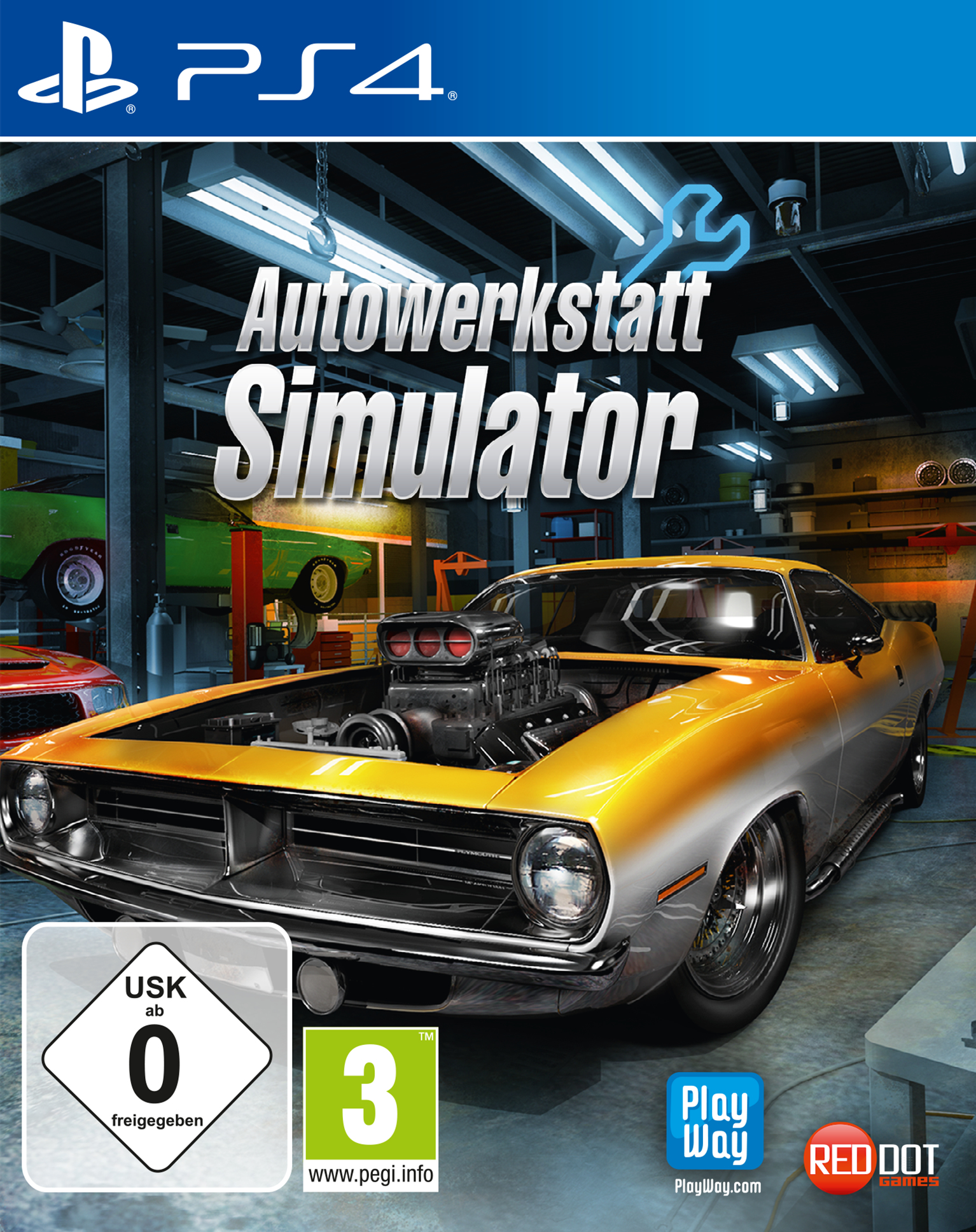 Una copertina del gioco che mostra un'auto sportiva gialla. Il gioco è 'Autowerkstatt Simulator' per PS4.