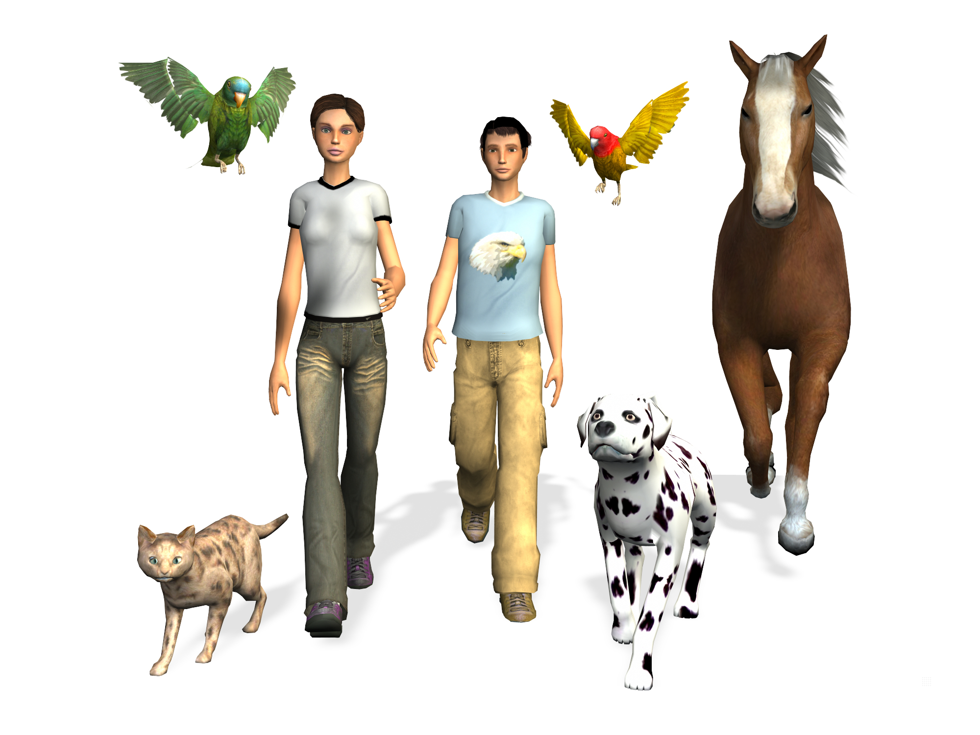 Due persone camminano con animali. Sono mostrati un gatto, un cane, un cavallo e due pappagalli.