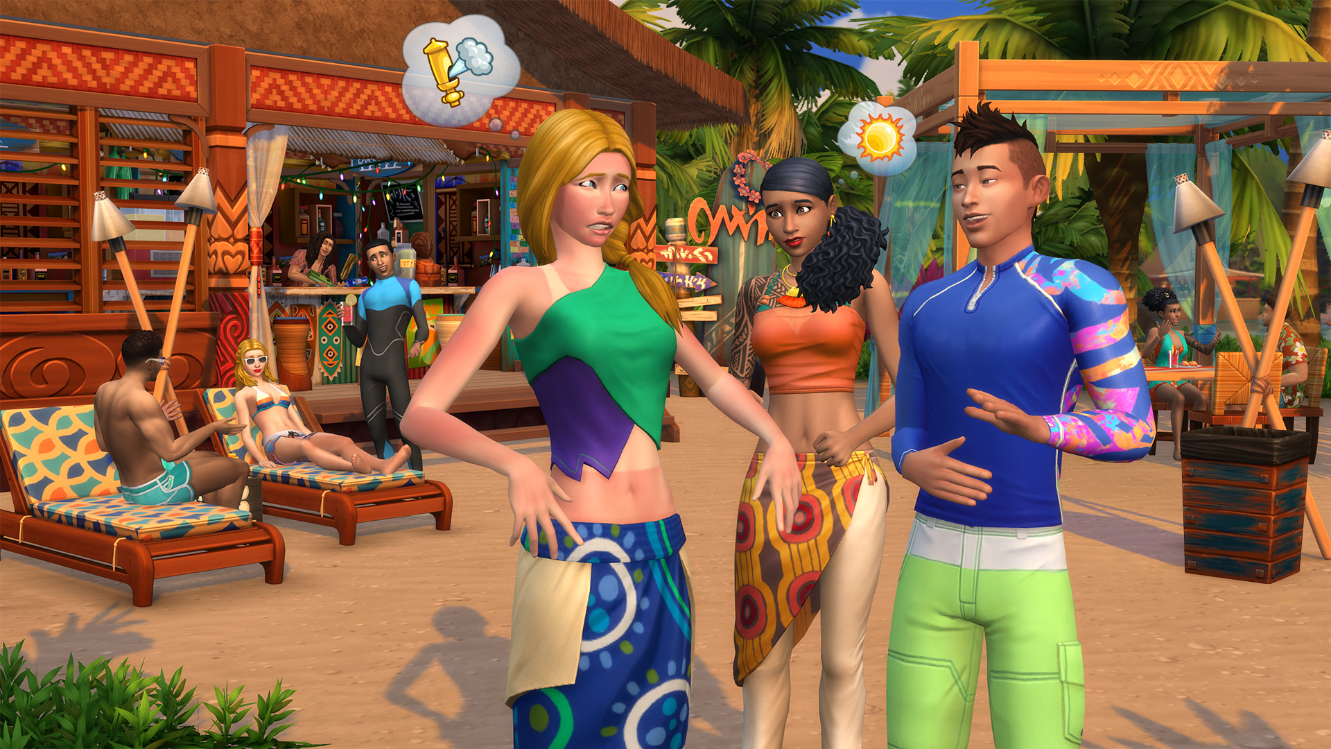 Tres personajes de Los Sims en un bar de playa. Dos hablando, uno molesto. Escena de playa de fondo.
