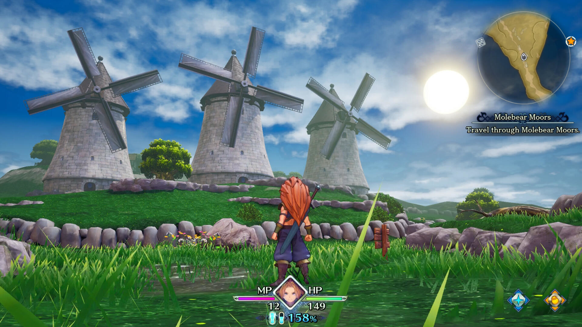 Eine Figur mit orangenen Haaren steht auf einem Feld mit Windmühlen und einer hellen Sonne am Himmel.