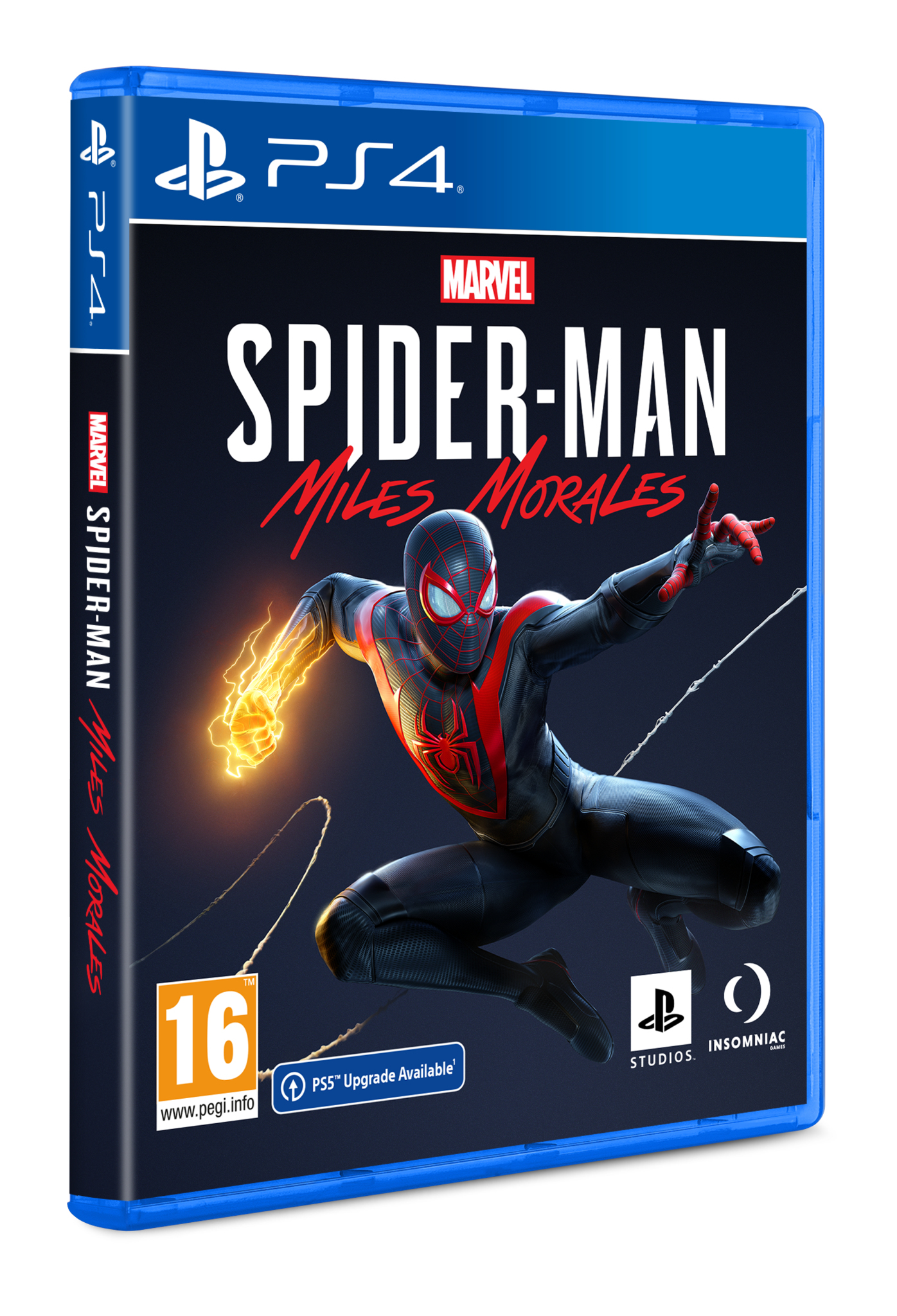 Okładka gry Spider-Man: Miles Morales na PS4. Spider-Man w czarno-czerwonym stroju na ciemnoniebieskim tle.