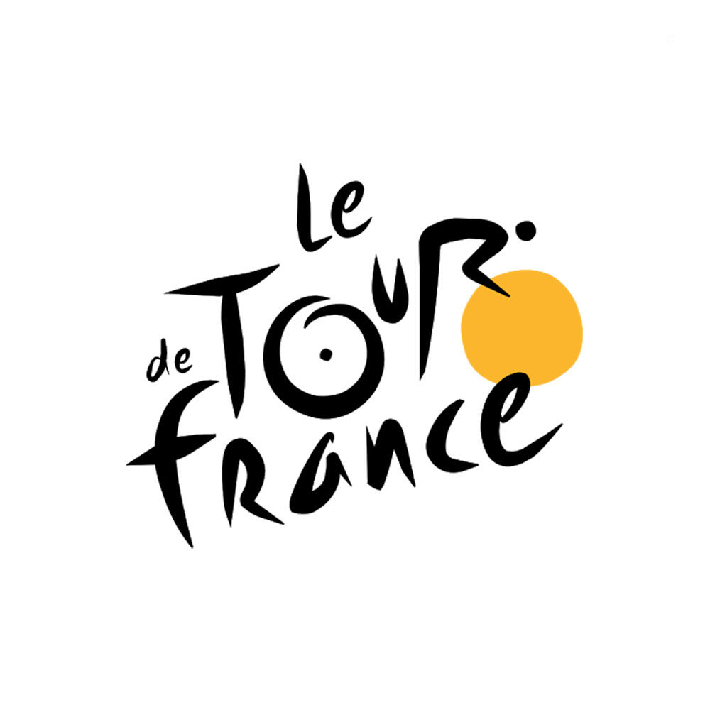 Logo Le Tour de France, czarno-biały tekst z żółtym symbolem słońca.