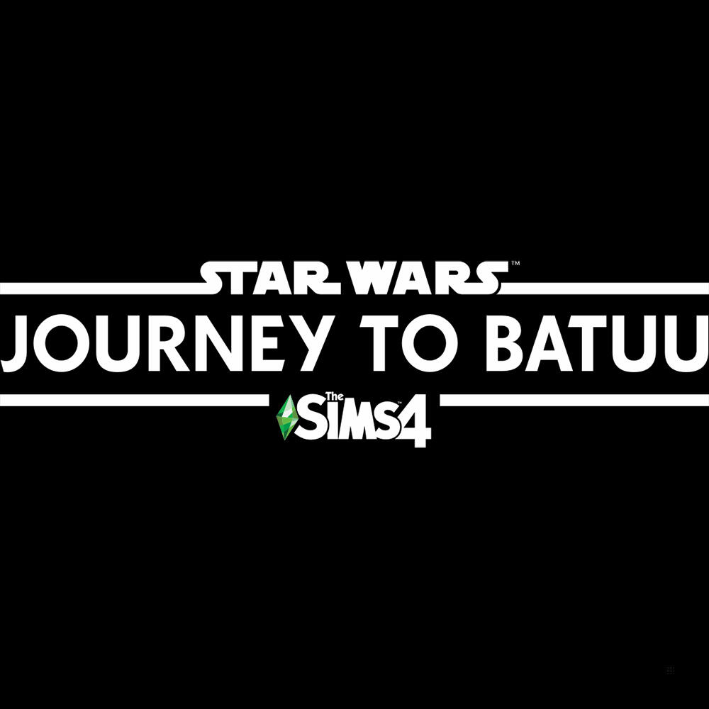 Logo Star Wars: Journey to Batuu The Sims 4 na czarnym tle z białym tekstem.