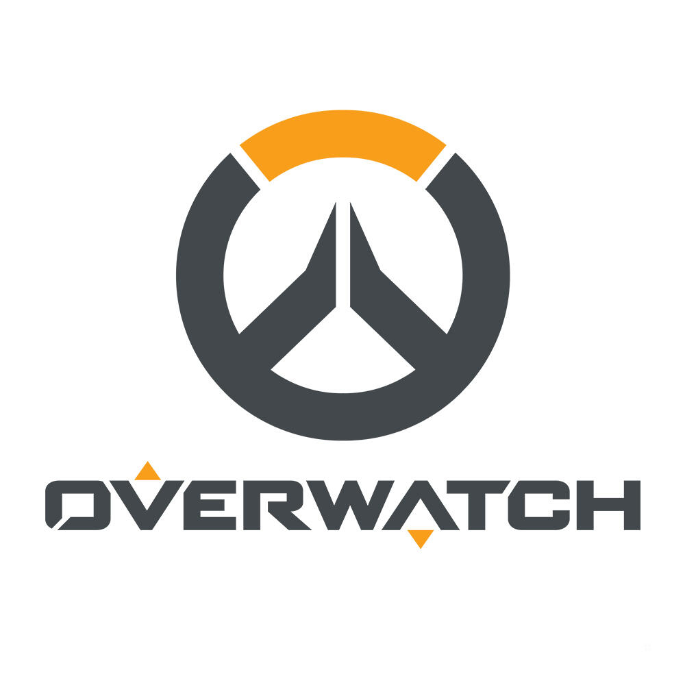 Logo Overwatch. Szare koło ze stylizowanym symbolem strzałki i słowem OVERWATCH.