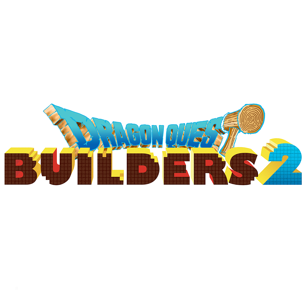 Logo di Dragon Quest Builders 2 con testo 3D colorato e una spada.