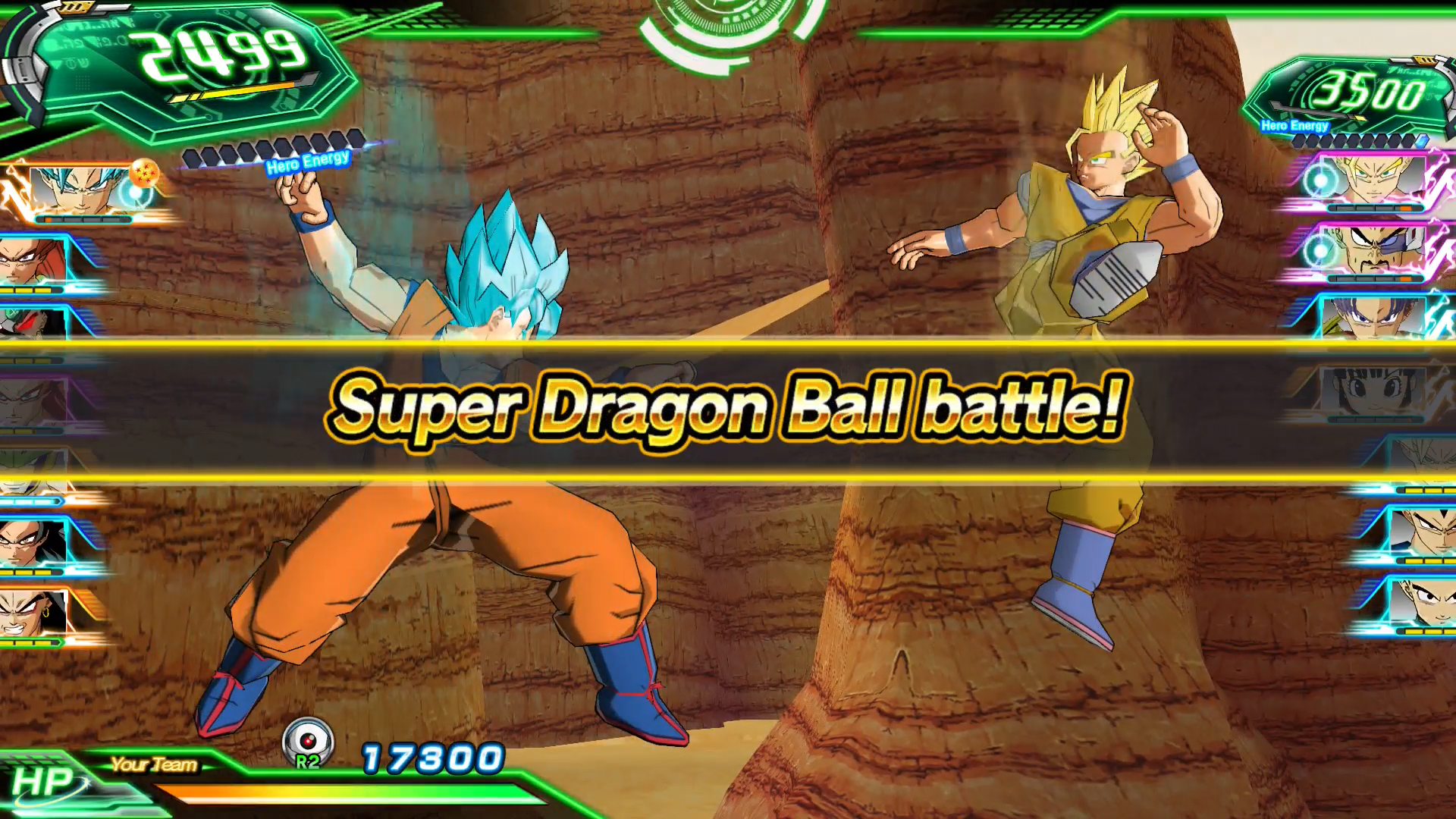 Scena z gry Dragon Ball Super. Dwie postacie w akcji, bitwa z efektami energii. Tekst: Super Dragon Ball battle!
