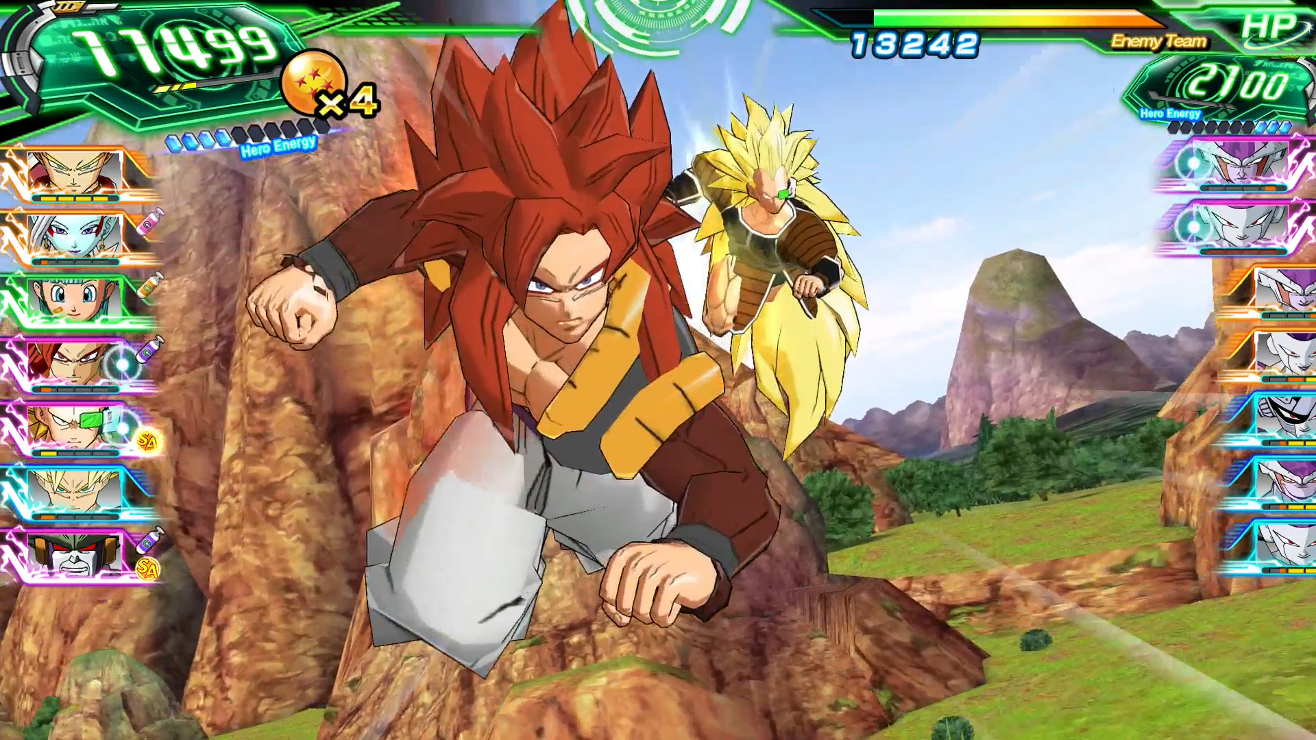 Scena z gry Dragon Ball Heroes z postaciami walczącymi w górskim krajobrazie.