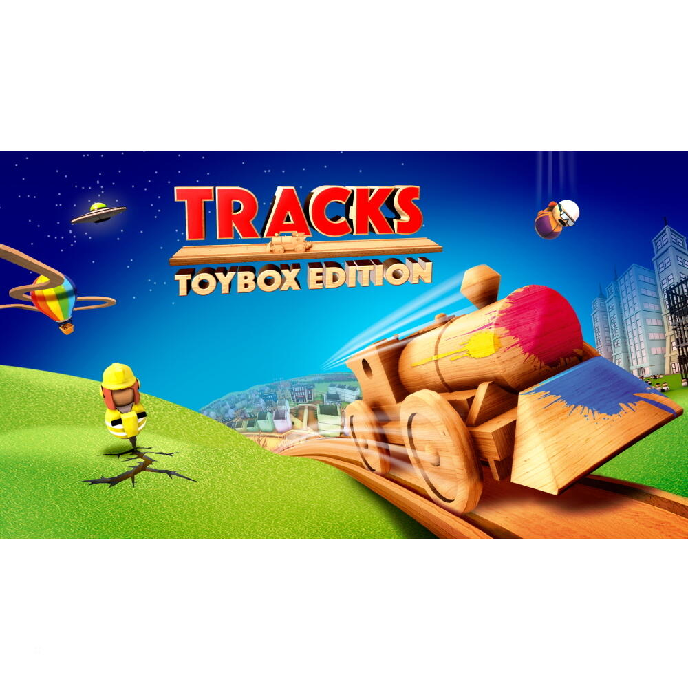 Okładka gry: Drewniany pociąg zabawka na torach z motywem kosmicznym.