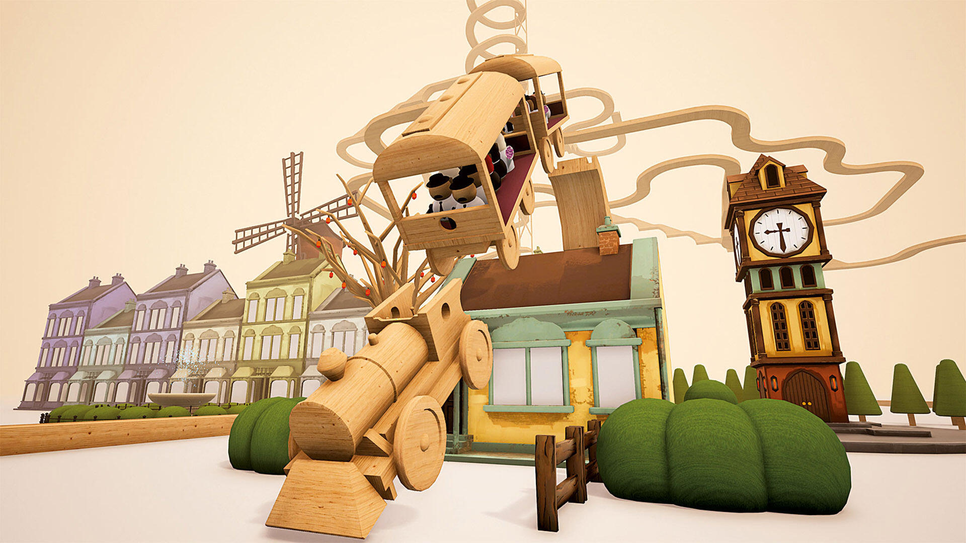Drewniany pociąg zabawka spada w scenerii kreskówkowego miasteczka.