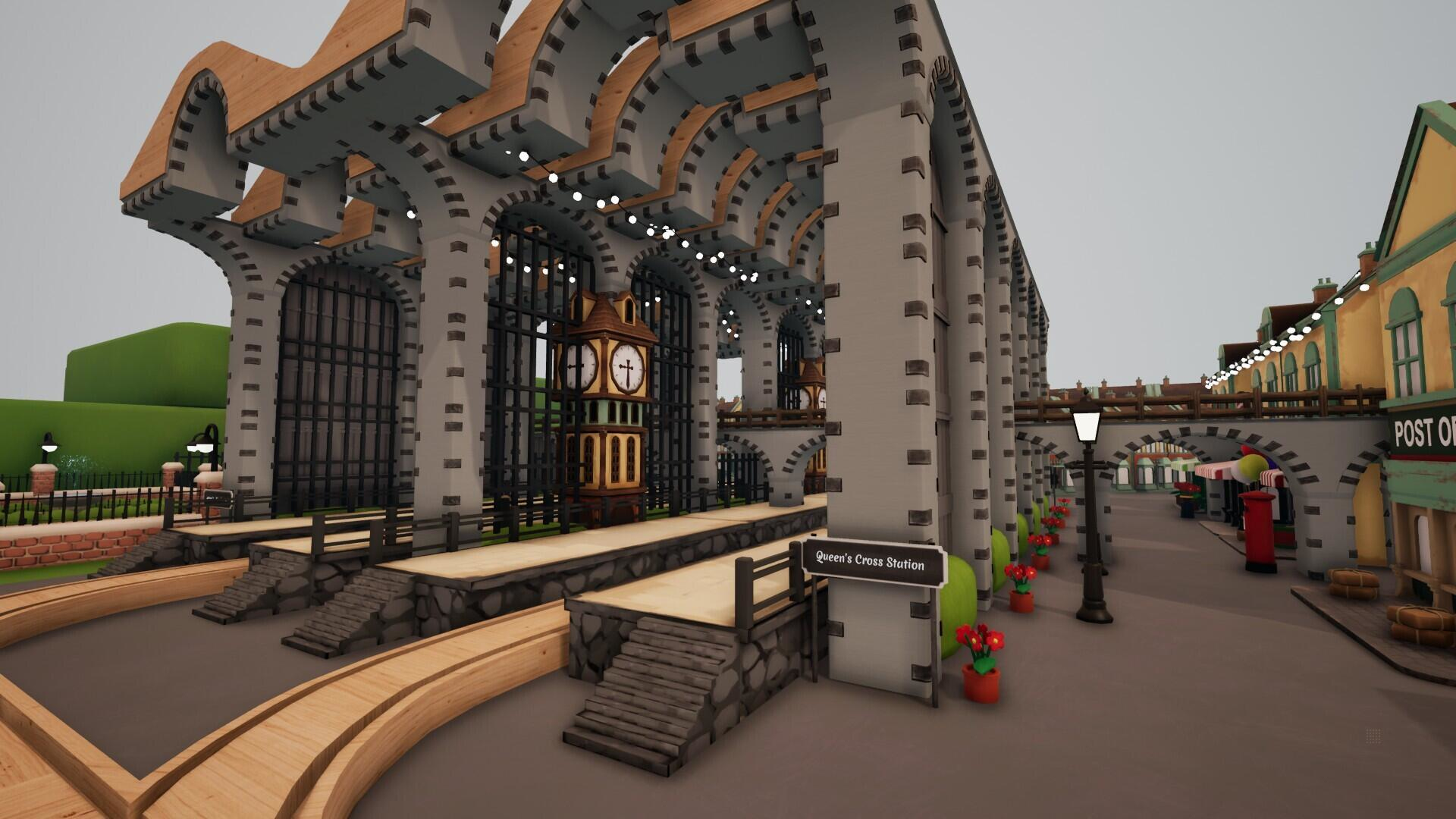 Stacja kolejowa o niskiej rozdzielczości z wieżą zegarową i małym miasteczkiem w tle.