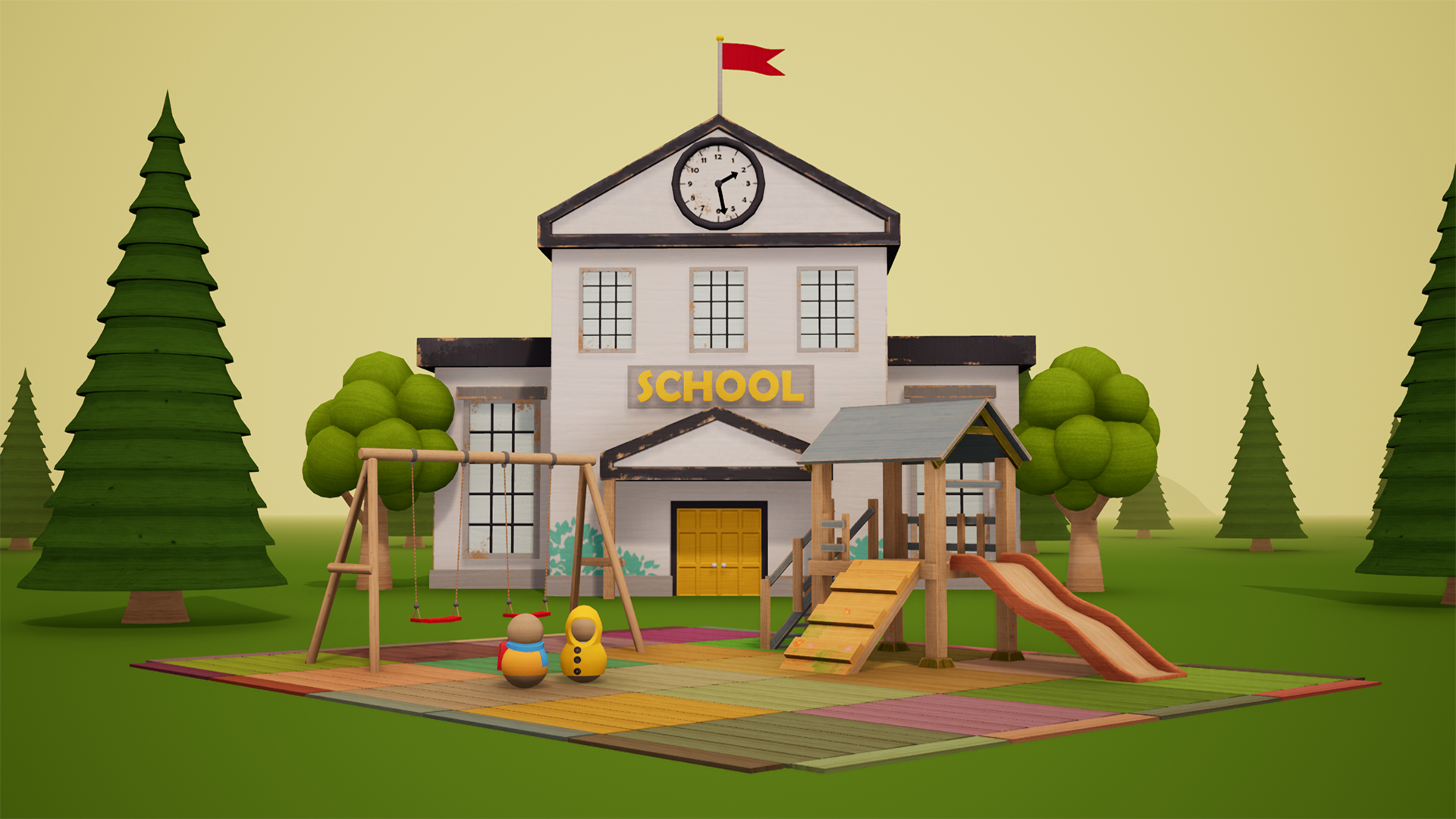 Budynek szkoły z kreskówek z placem zabaw, huśtawką, zjeżdżalnią i zegarem.