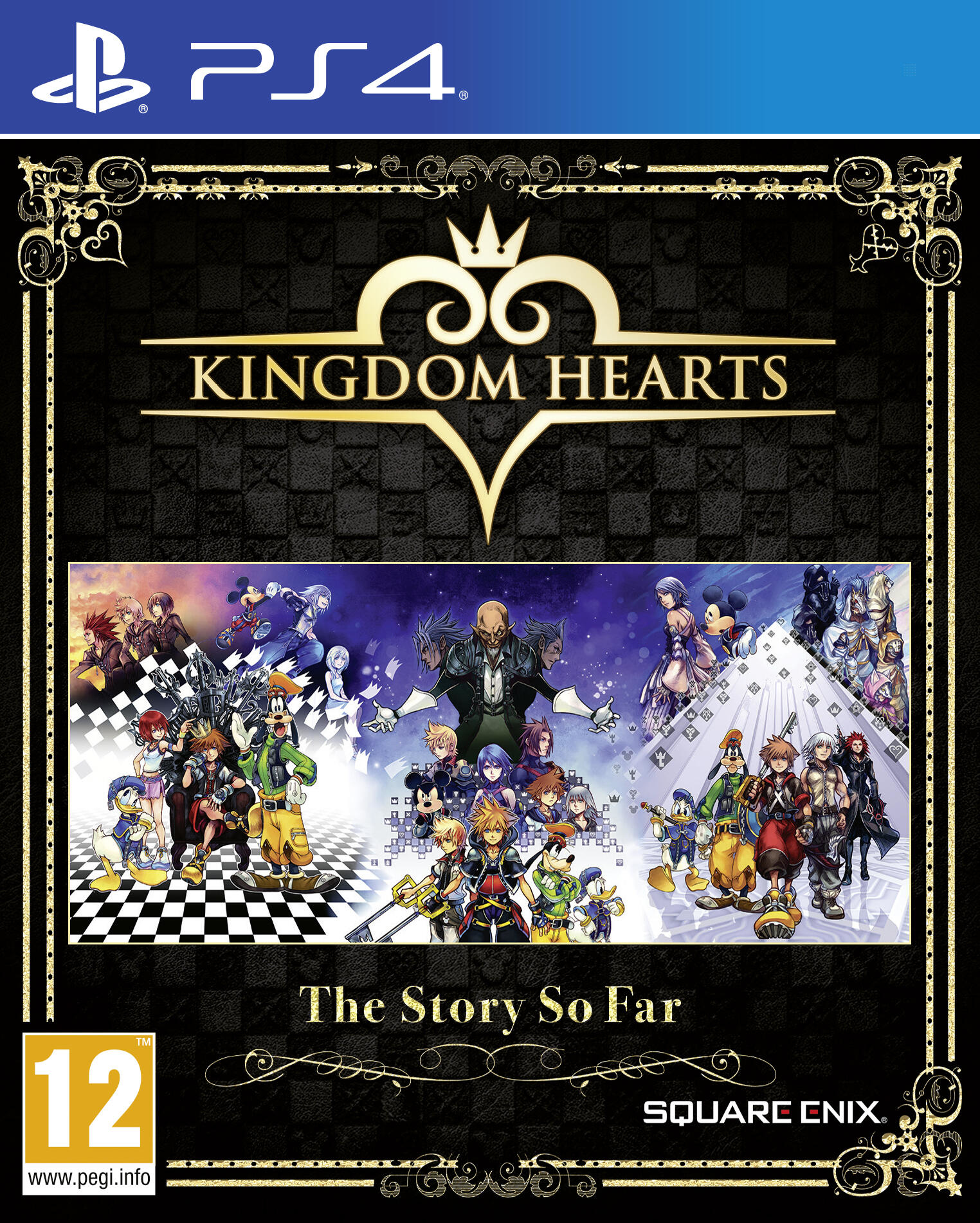 Okładka gry Kingdom Hearts. Postacie z Disneya i Final Fantasy z przodu, logo PS4 na górze.