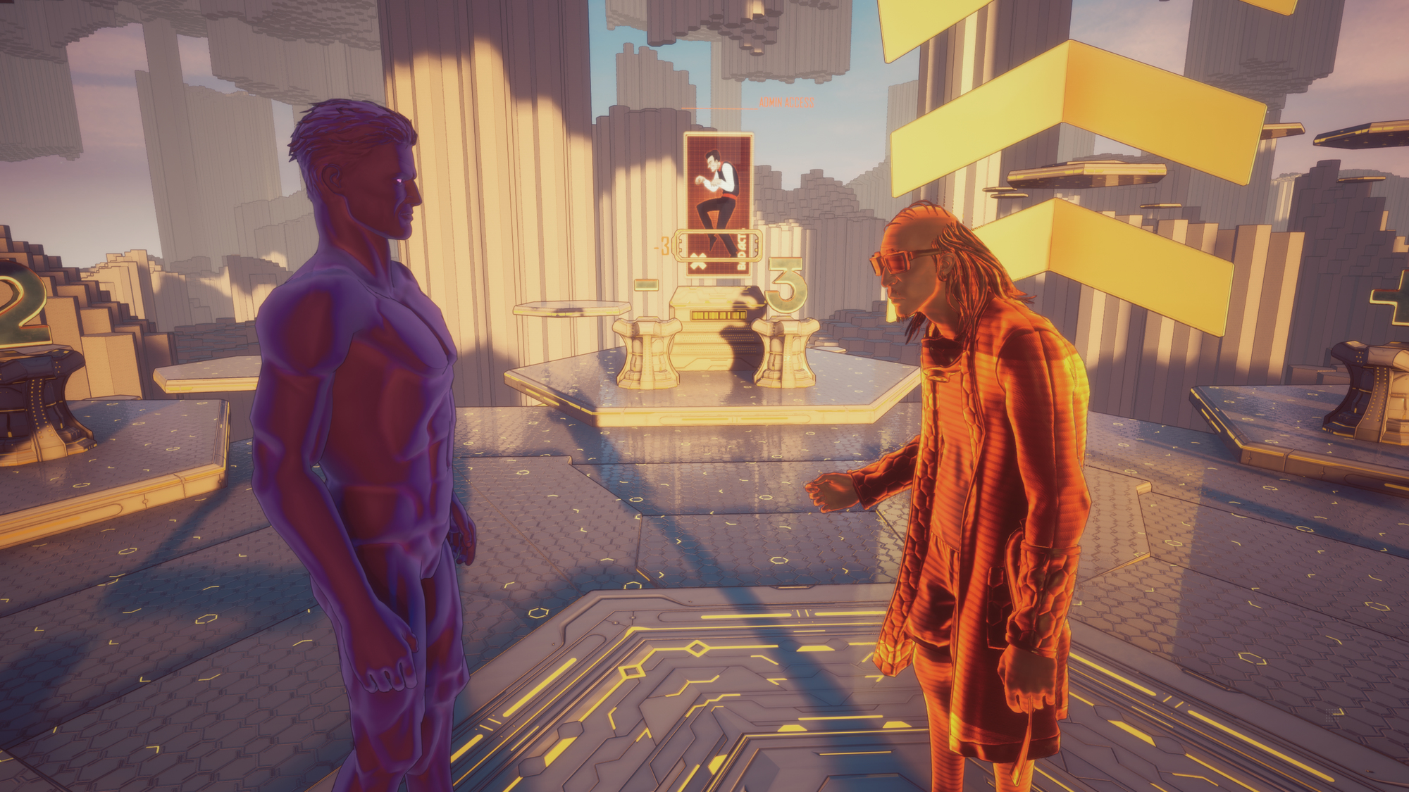 Dwie postacie stoją w futurystycznym otoczeniu. Widoczna jest czerwono-fioletowa kolorystyka.