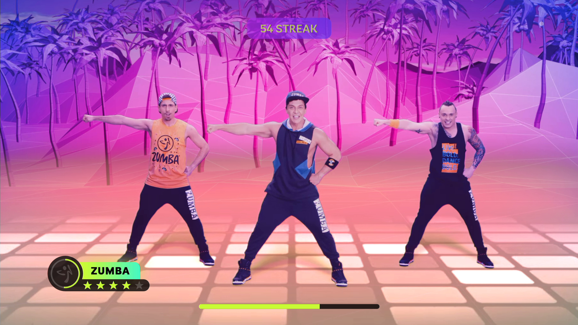 Zumba Spiel-Screenshot. Drei Männer tanzen vor tropischem Hintergrund.