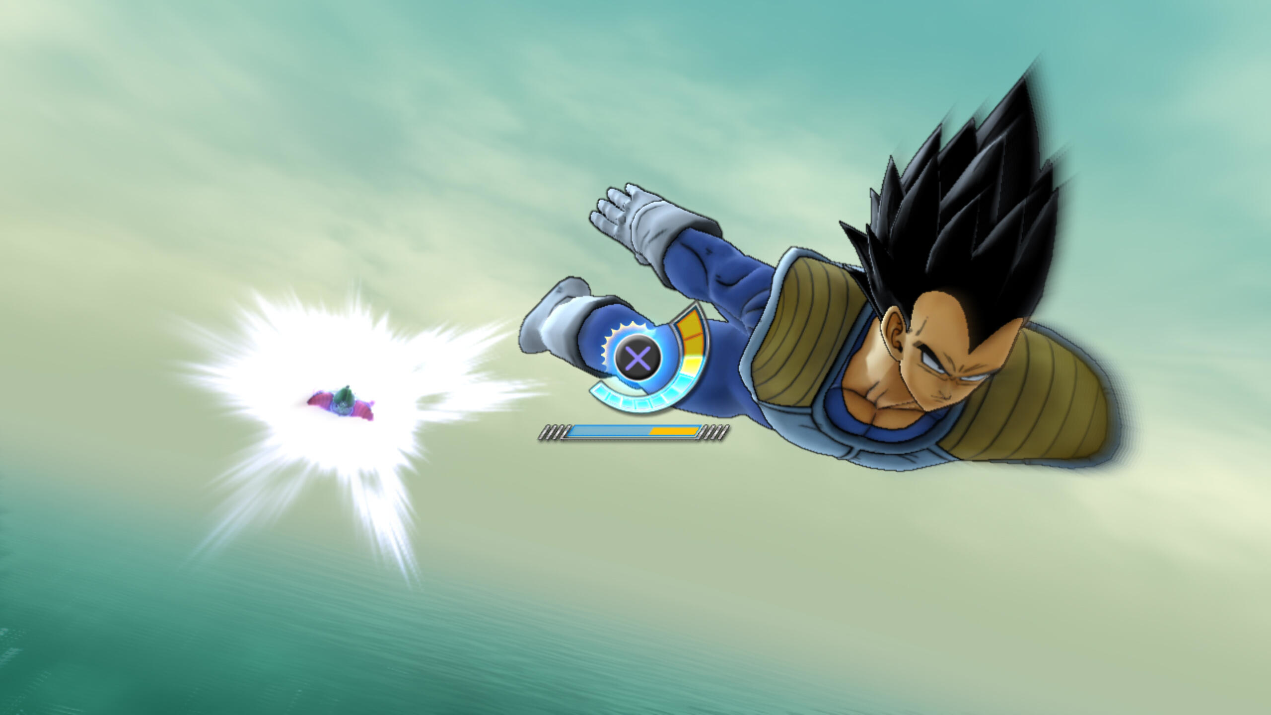 Videospielszenen: Ein Dragon-Ball-Charakter fliegt mit hellem Licht im Hintergrund.