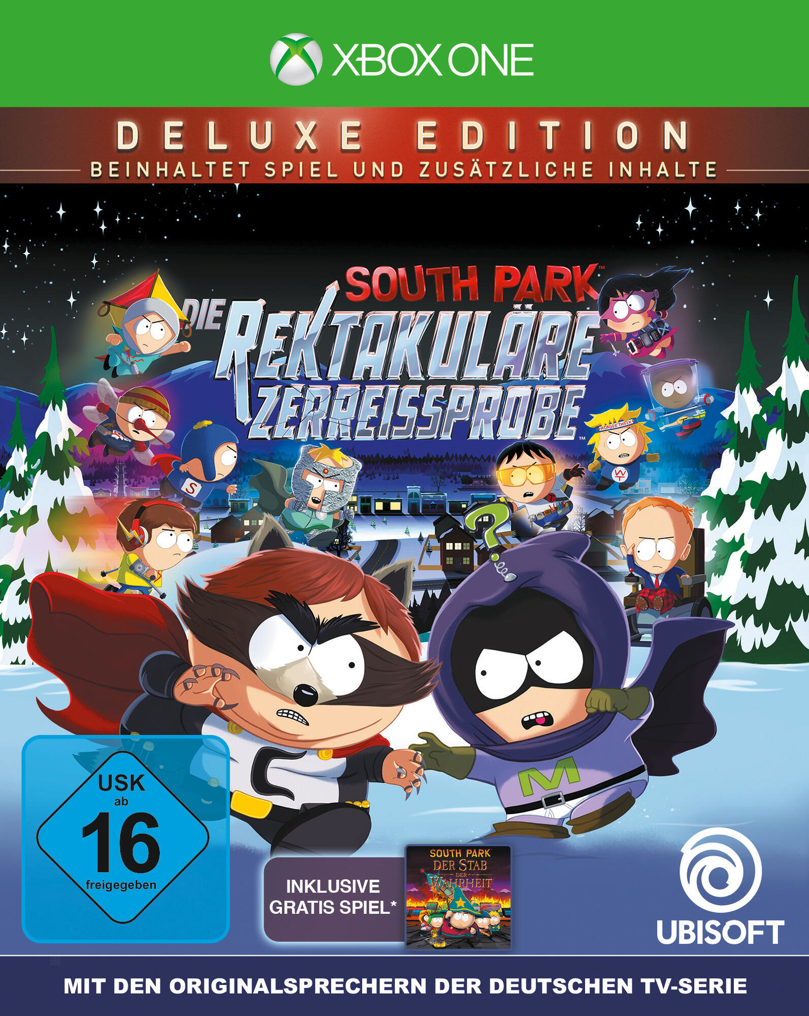 Copertina del gioco: personaggi di South Park. Il titolo è in tedesco. Logo Xbox One in alto.