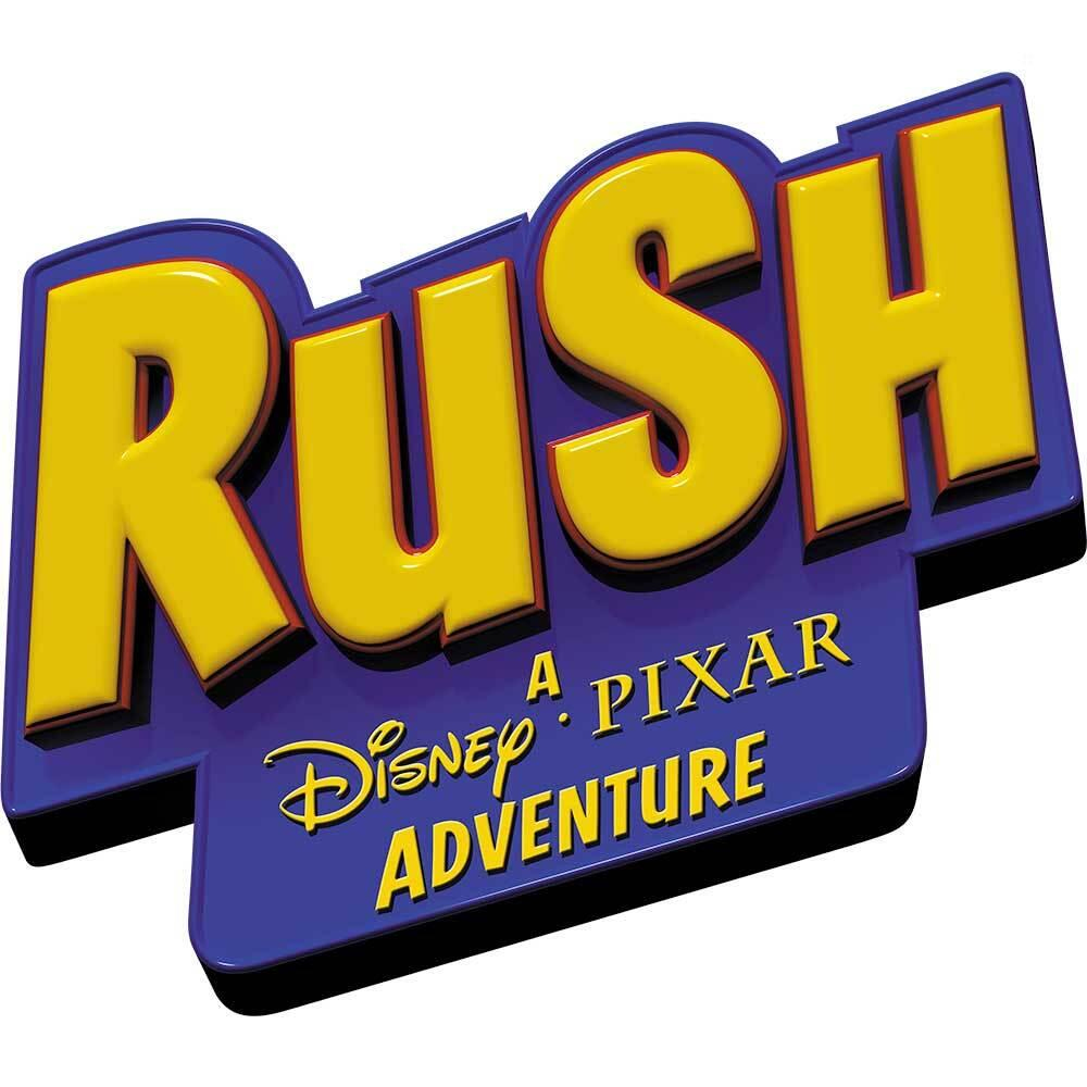 Il logo di Rush: A Pixar Adventure, con un audace rettangolo blu e testo giallo.