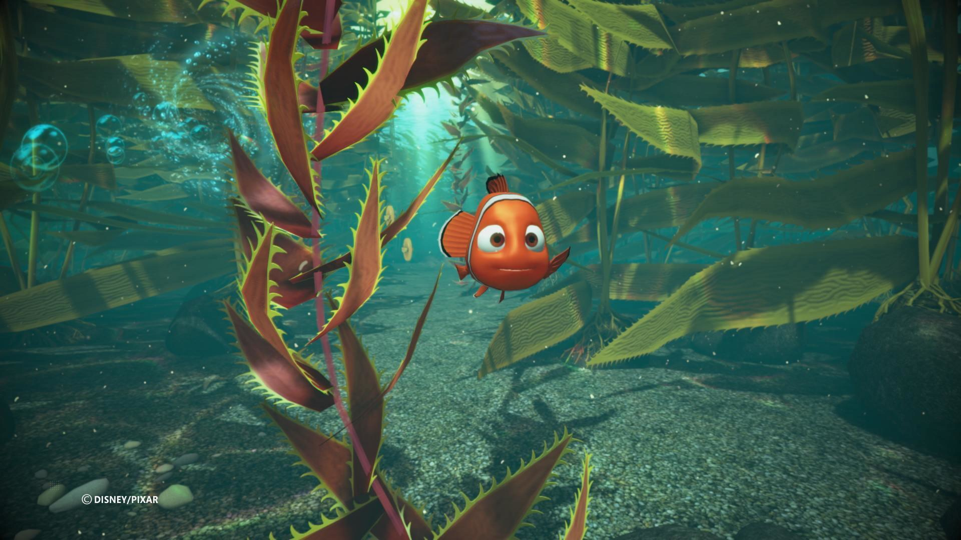 Nemo, un pesce pagliaccio arancione, nuota in una foresta di alghe sottomarina.